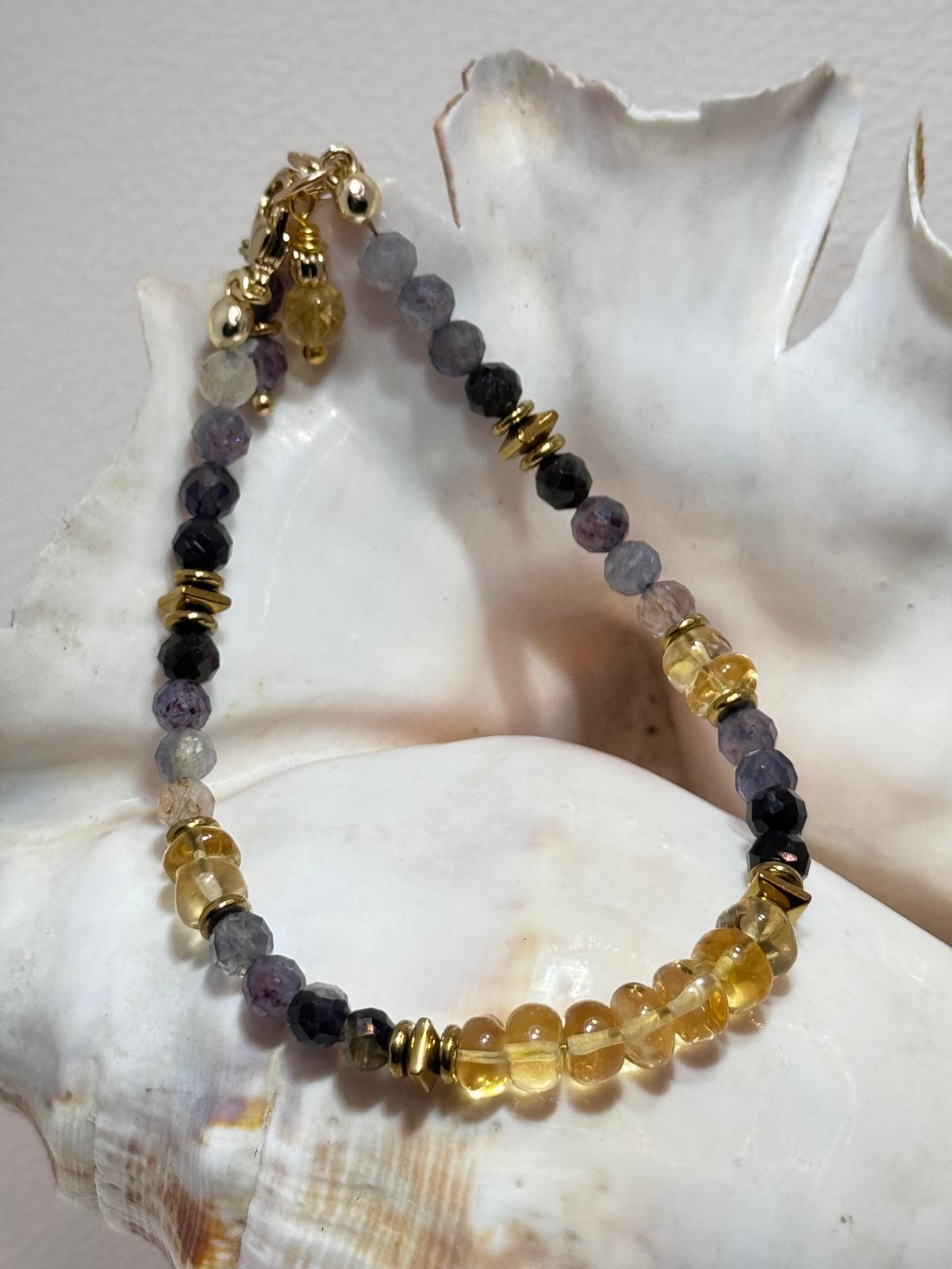Bransoletka z cytrynem i krwawym iolitem, zapięcie Gold Filled