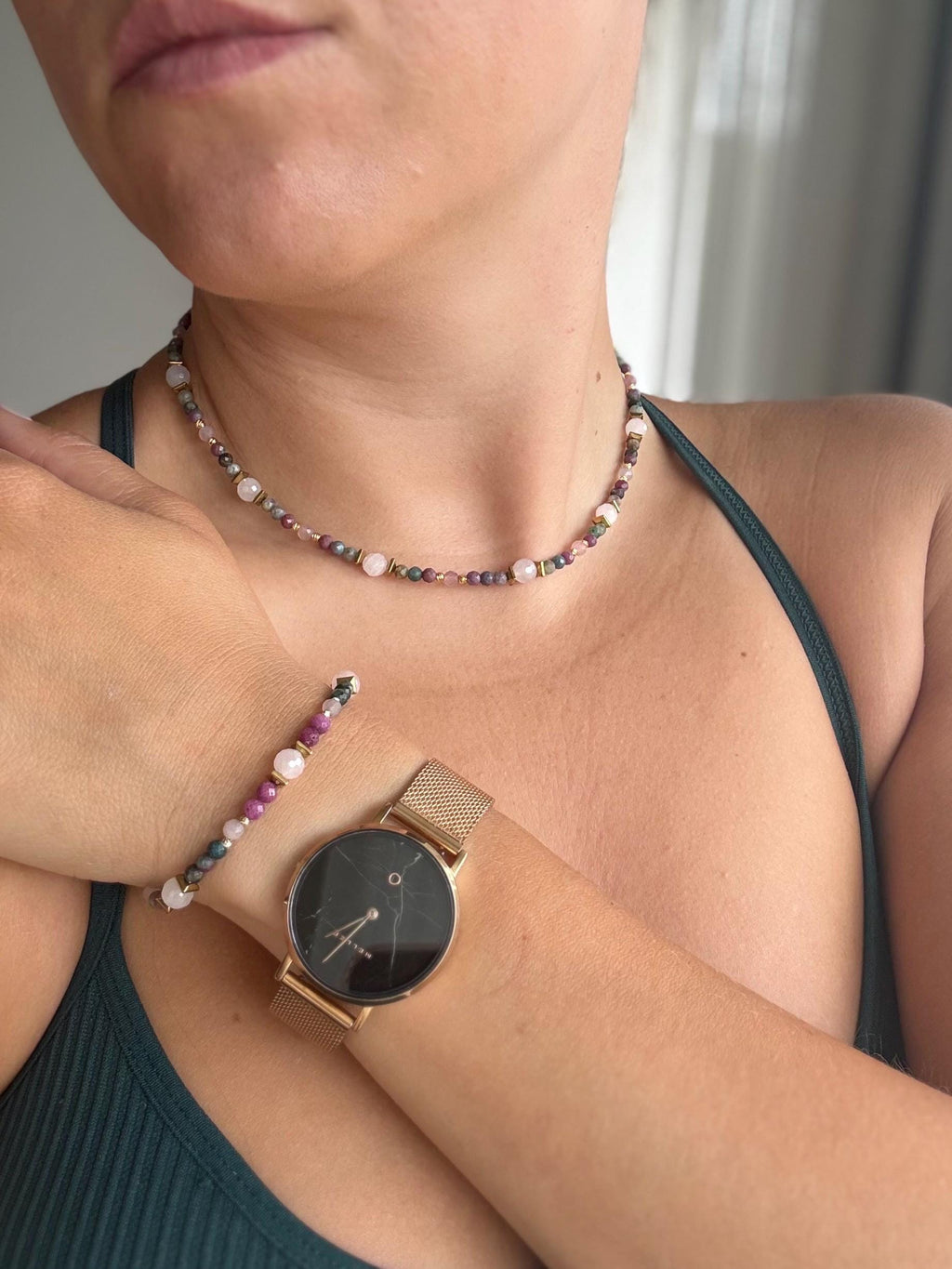 Ruby in Fuchsite & Rose Quartz Necklace, Gold Filled Clasp