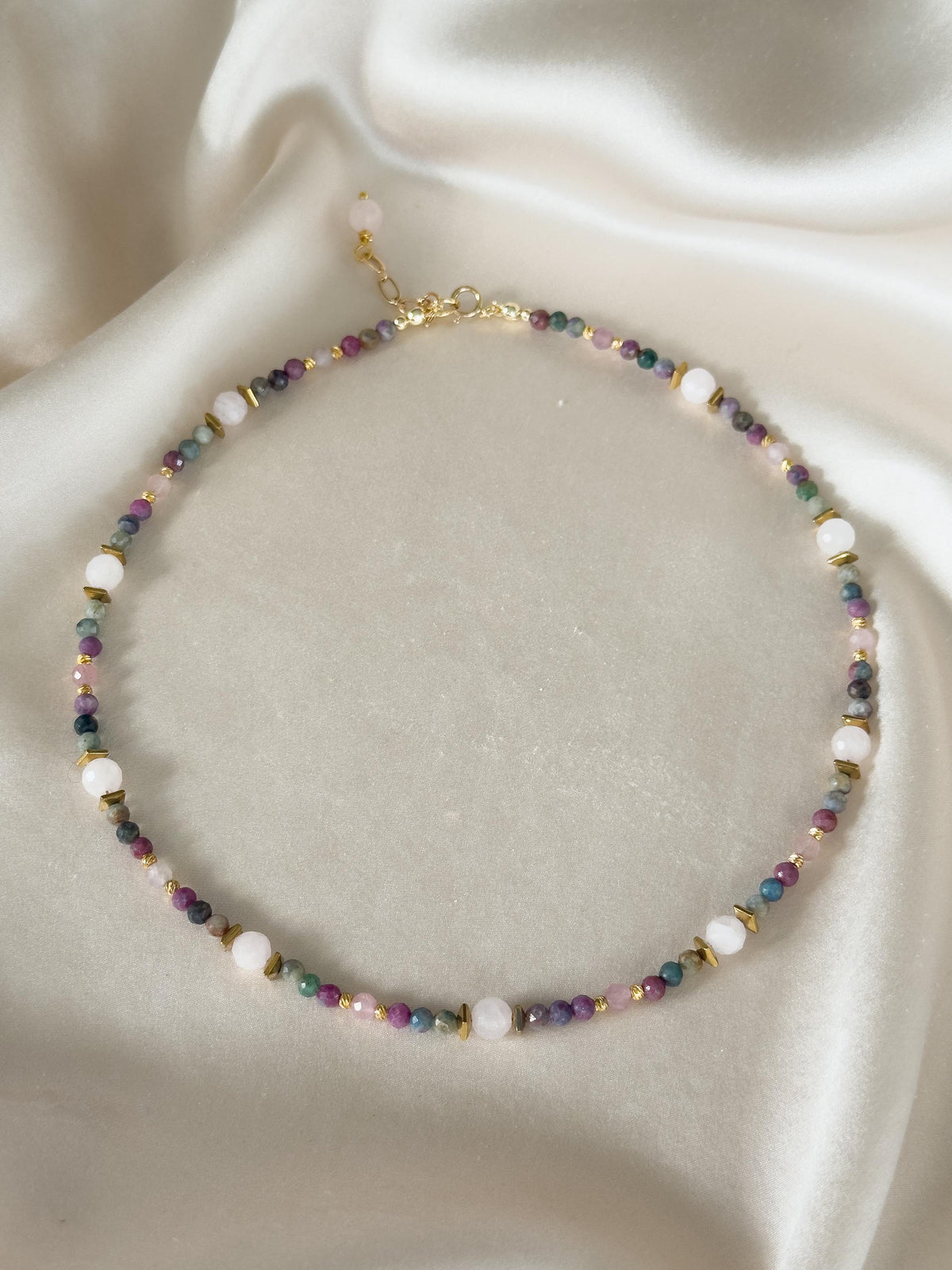 Ruby in Fuchsite & Rose Quartz Necklace, Gold Filled Clasp