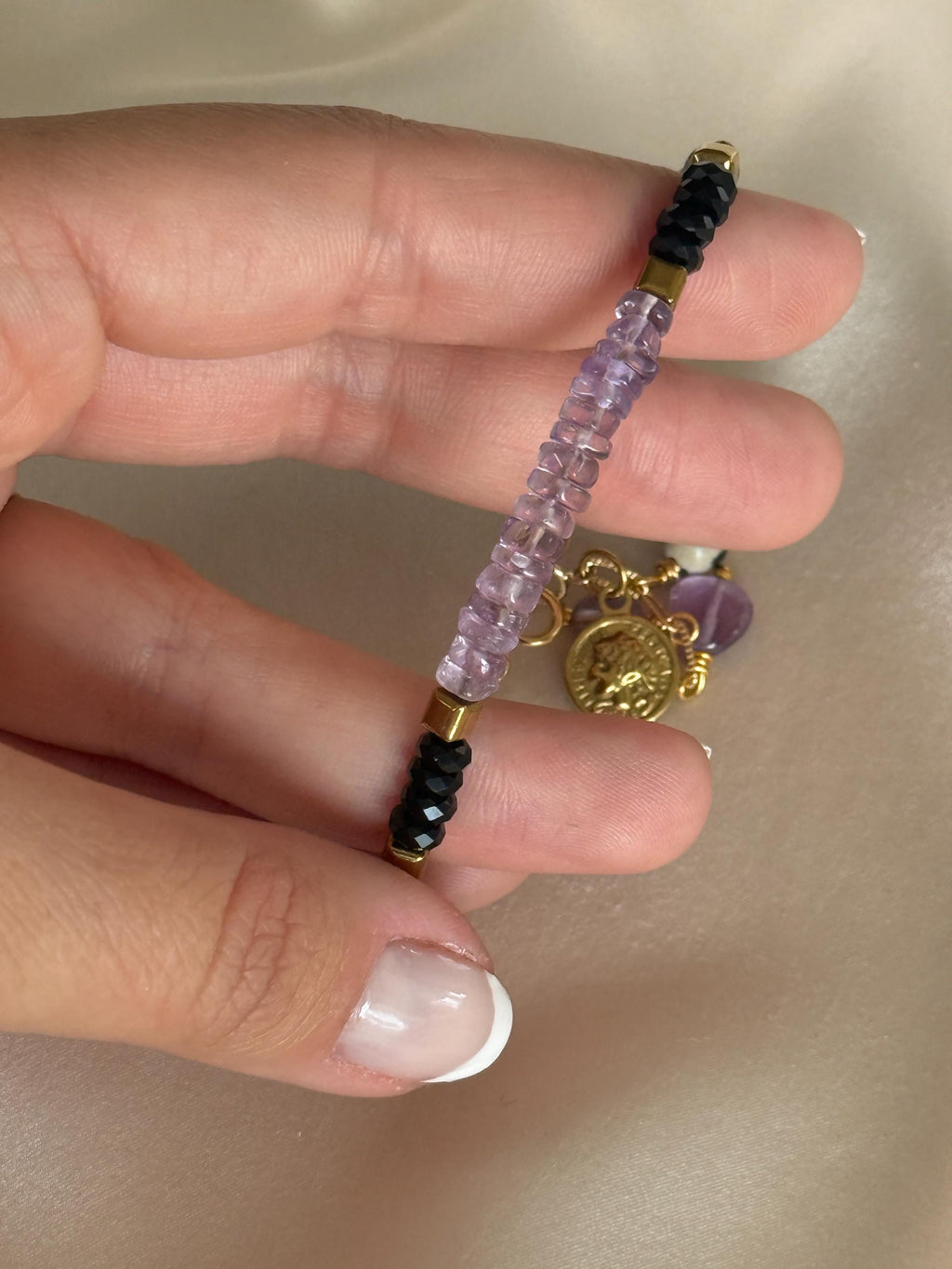 Amethyst, Black Tourmaline & Dalmatian Jasper Bracelet | Natural Gemstone Bracelet | Gold Filled | Handmade Minimalist Jewelry |Stone Orchad