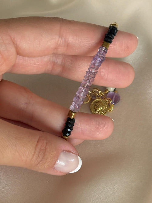 Amethyst, Black Tourmaline & Dalmatian Jasper Bracelet | Natural Gemstone Bracelet | Gold Filled | Handmade Minimalist Jewelry |Stone Orchad