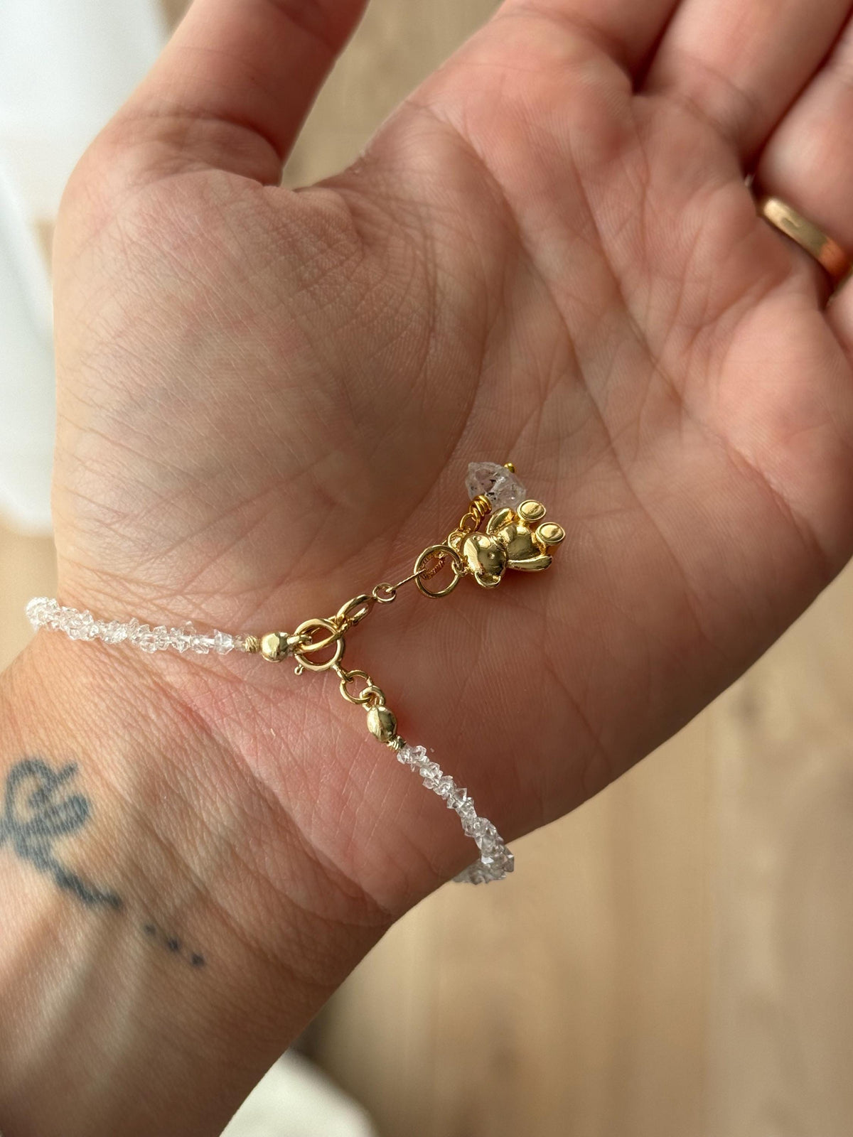 Herkimer Diamond Bracelet | Natural Herkimer Quartz | Gold Filled | Teddy Bear Charm | Handmade Minimalist Bracelet | Stone Orchard