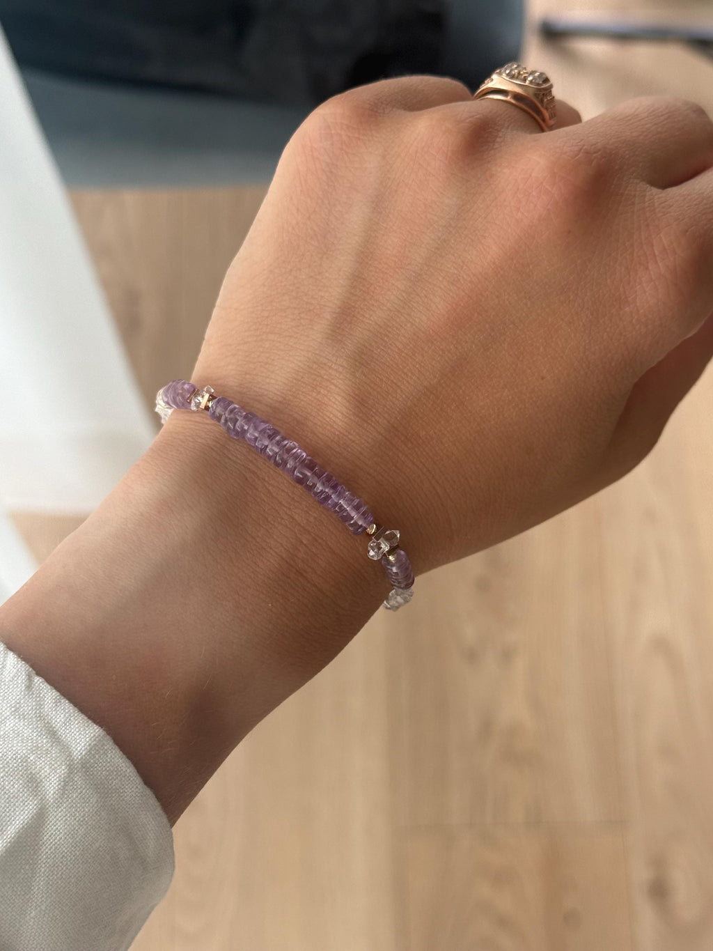 Amethyst & Herkimer Diamond Bracelet | Natural Amethyst and Herkimer Quartz | Gold Filled Elephant Charm | Handmade Gemstone Bracelet