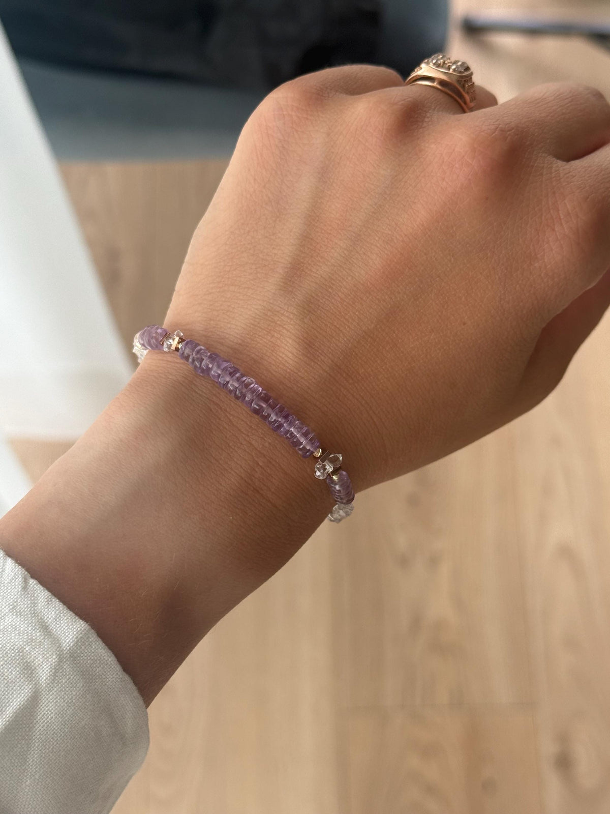 Amethyst & Herkimer Diamond Bracelet | Natural Amethyst and Herkimer Quartz | Gold Filled Elephant Charm | Handmade Gemstone Bracelet