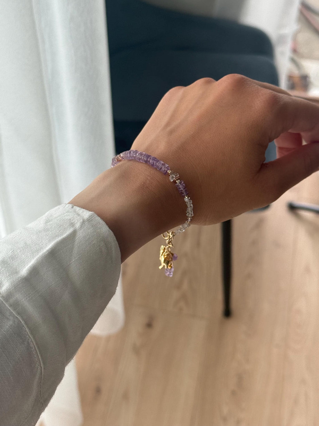 Amethyst & Herkimer Diamond Bracelet | Natural Amethyst and Herkimer Quartz | Gold Filled Elephant Charm | Handmade Gemstone Bracelet
