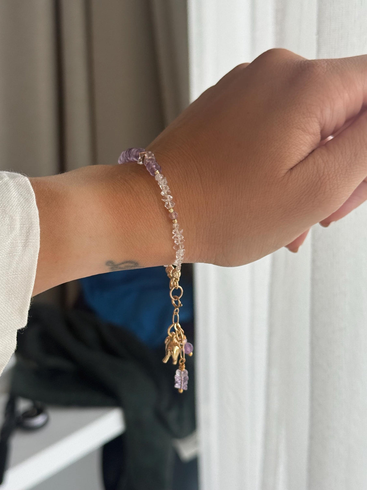 Amethyst & Herkimer Diamond Bracelet | Natural Amethyst and Herkimer Quartz | Gold Filled Elephant Charm | Handmade Gemstone Bracelet