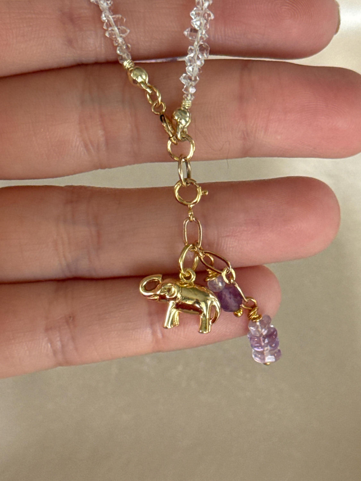 Amethyst & Herkimer Diamond Bracelet | Natural Amethyst and Herkimer Quartz | Gold Filled Elephant Charm | Handmade Gemstone Bracelet