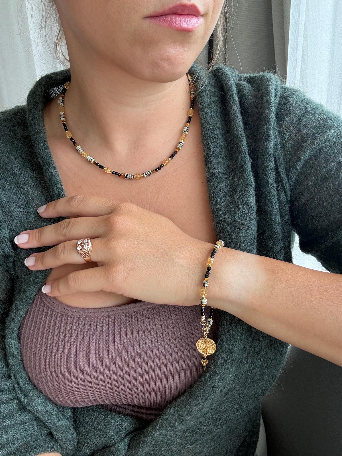 Citrine, Black Tourmaline & Dalmatian Jasper Necklace | Natural Gemstone Necklace | Gold Filled | Handmade Minimalist Jewelry |Stone Orchard
