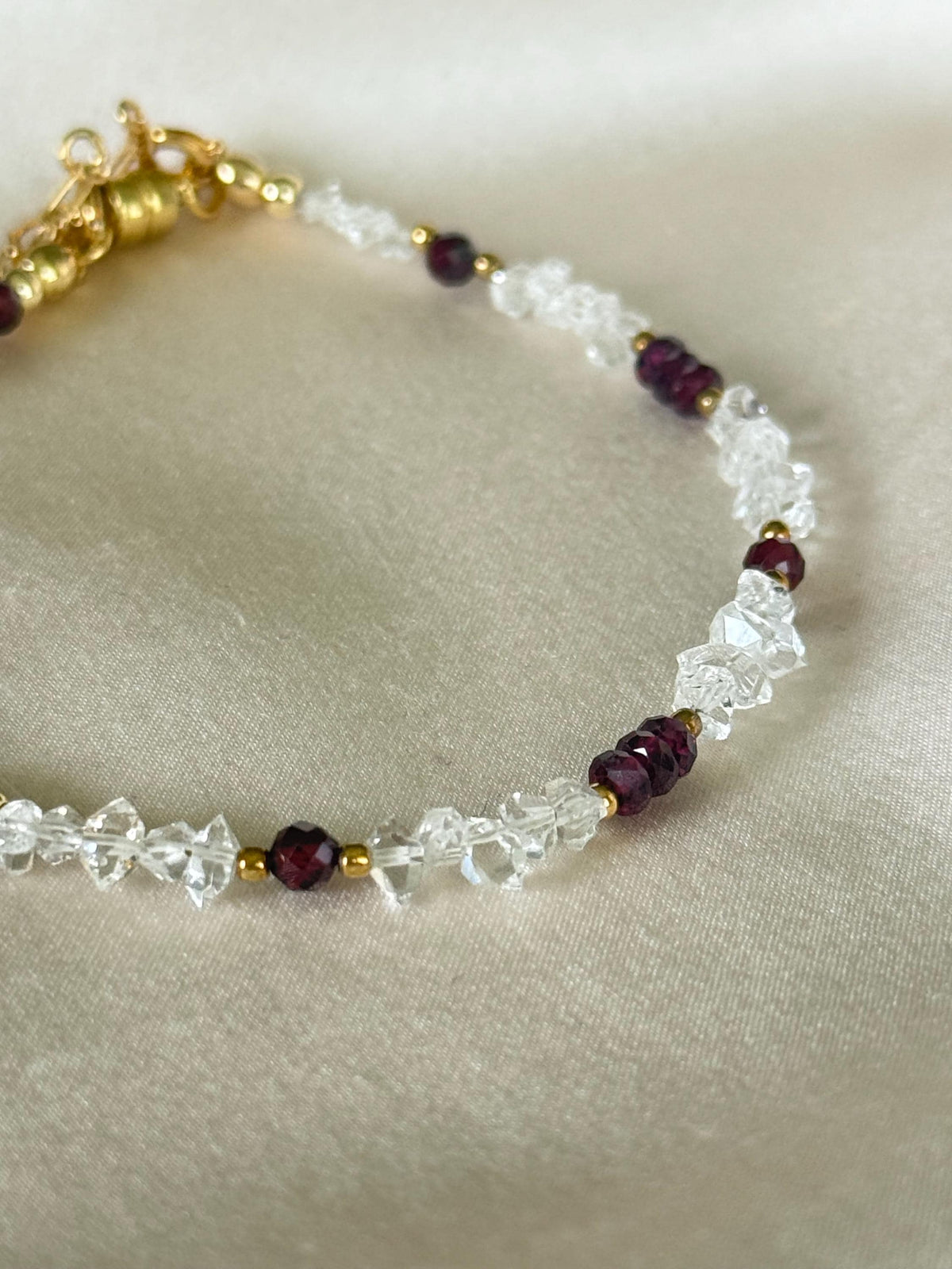Herkimer Diamond & Garnet Bracelet | Natural Gemstone Bracelet | Gold Filled Clasp | Handmade Minimalist Jewelry | January Birthstone Gift