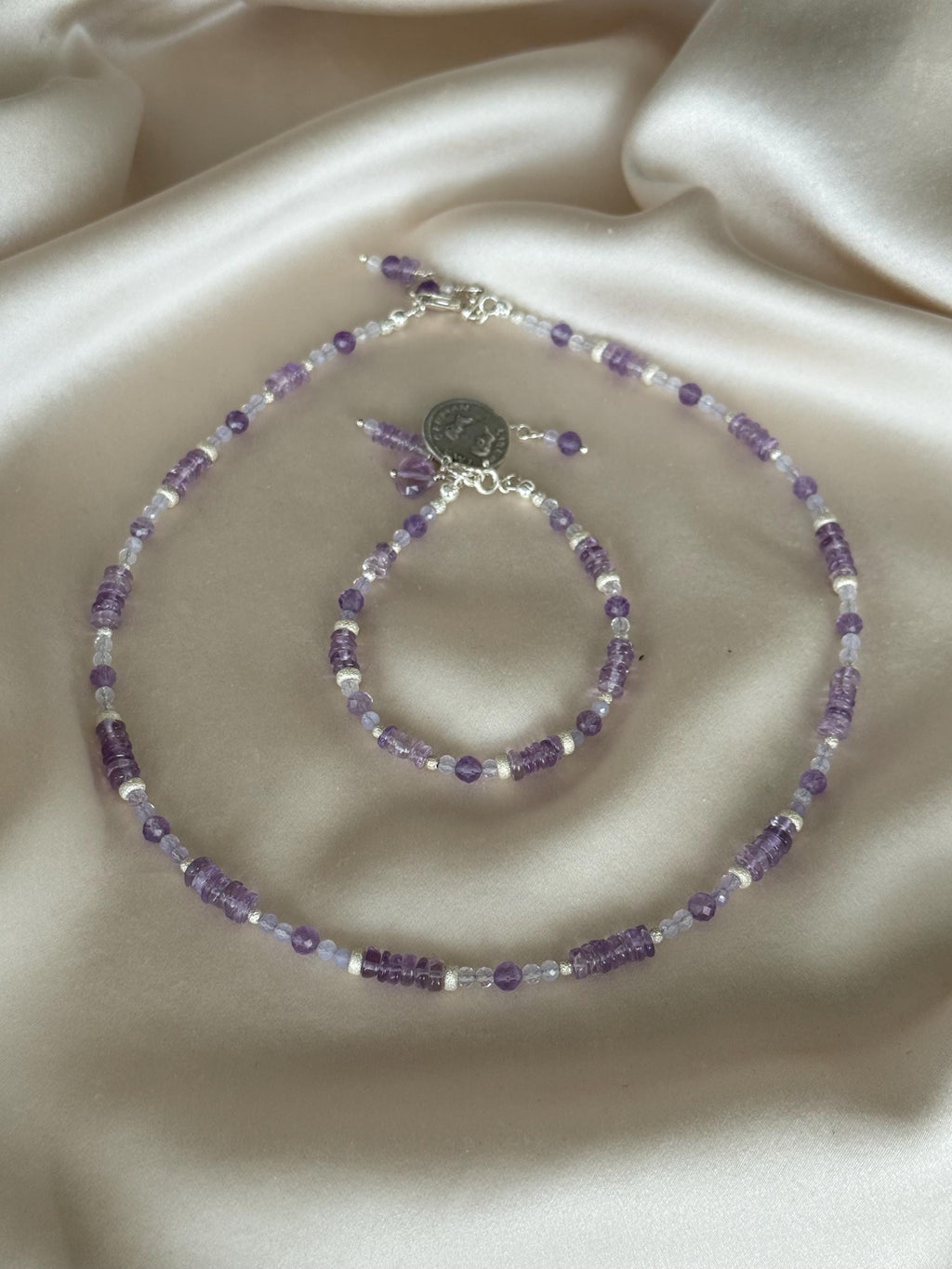 Natural Amethyst Bracelet | Sterling Silver 925 | Handmade Gemstone Bracelet | Coin Charm Bracelet | Minimalist Jewelry | Gift for Her
