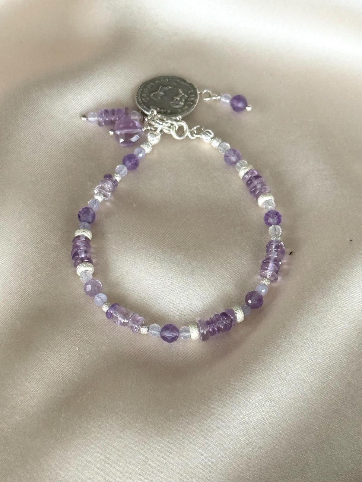 Natural Amethyst Bracelet | Sterling Silver 925 | Handmade Gemstone Bracelet | Coin Charm Bracelet | Minimalist Jewelry | Gift for Her