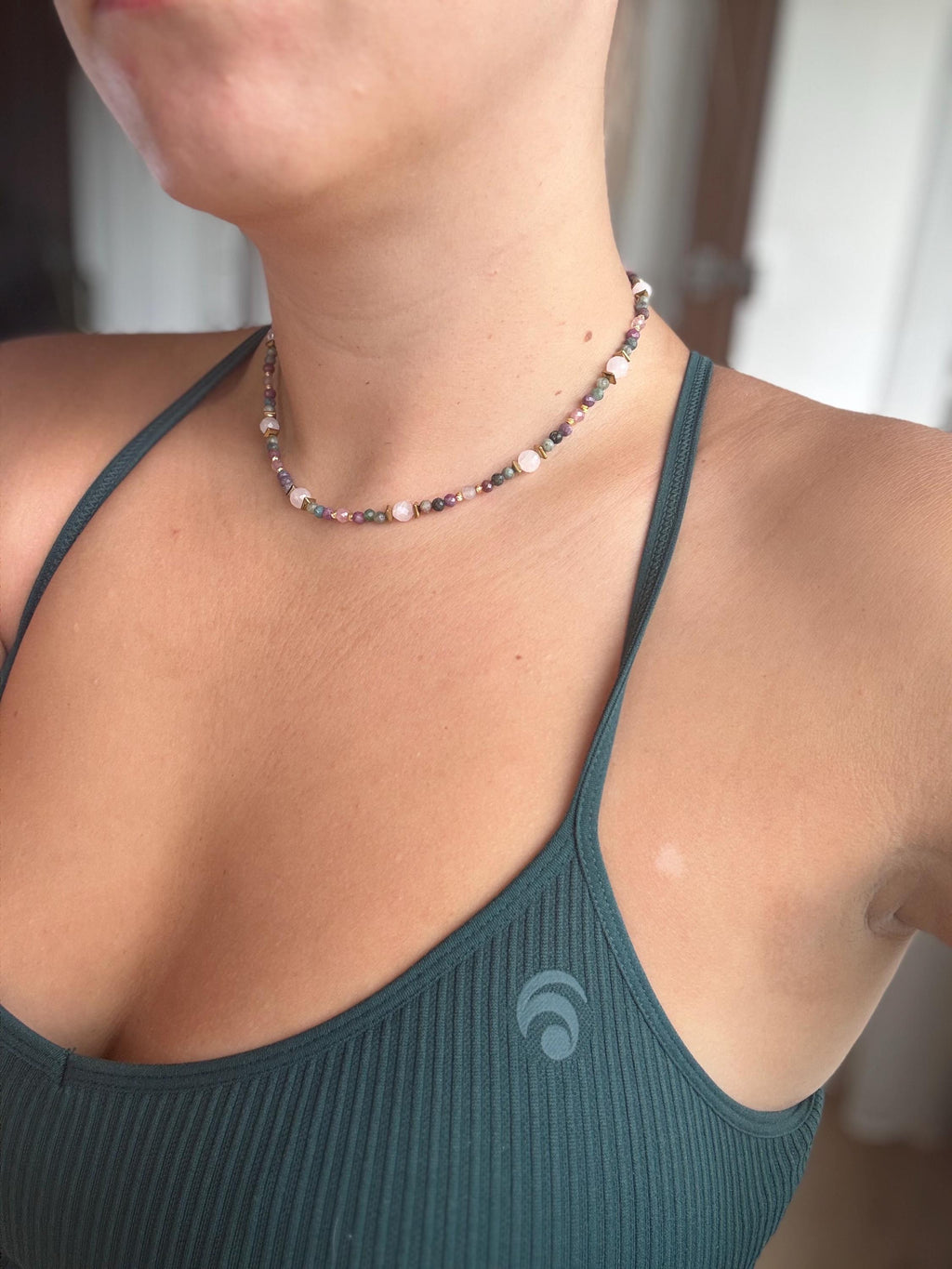 Ruby in Fuchsite & Rose Quartz Necklace, Gold Filled Clasp