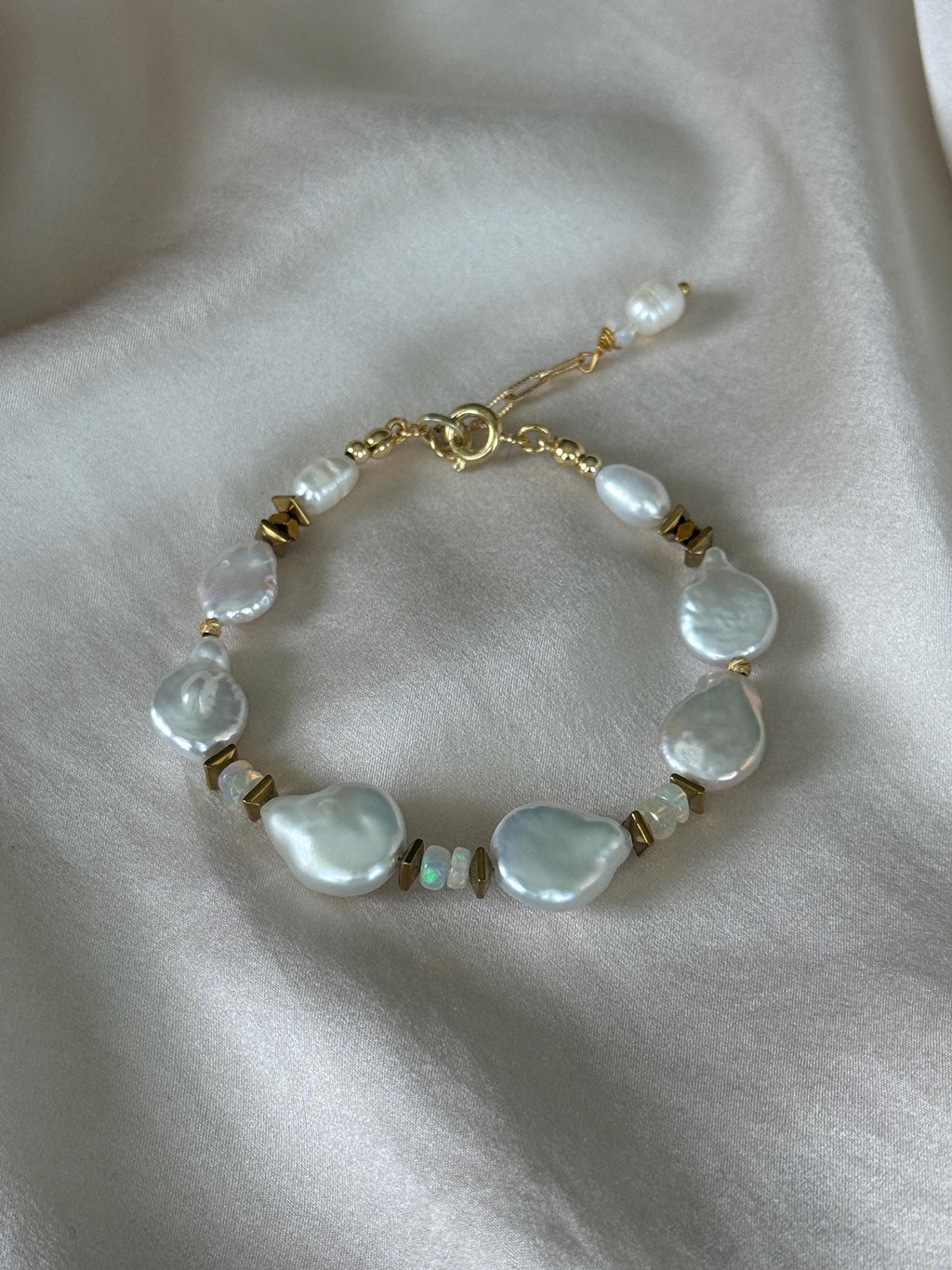 White Baroque Pearl Bracelet | Ethiopian Opal Bracelet | Natural Gemstone Jewelry | Gold Filled Clasp | 18 cm