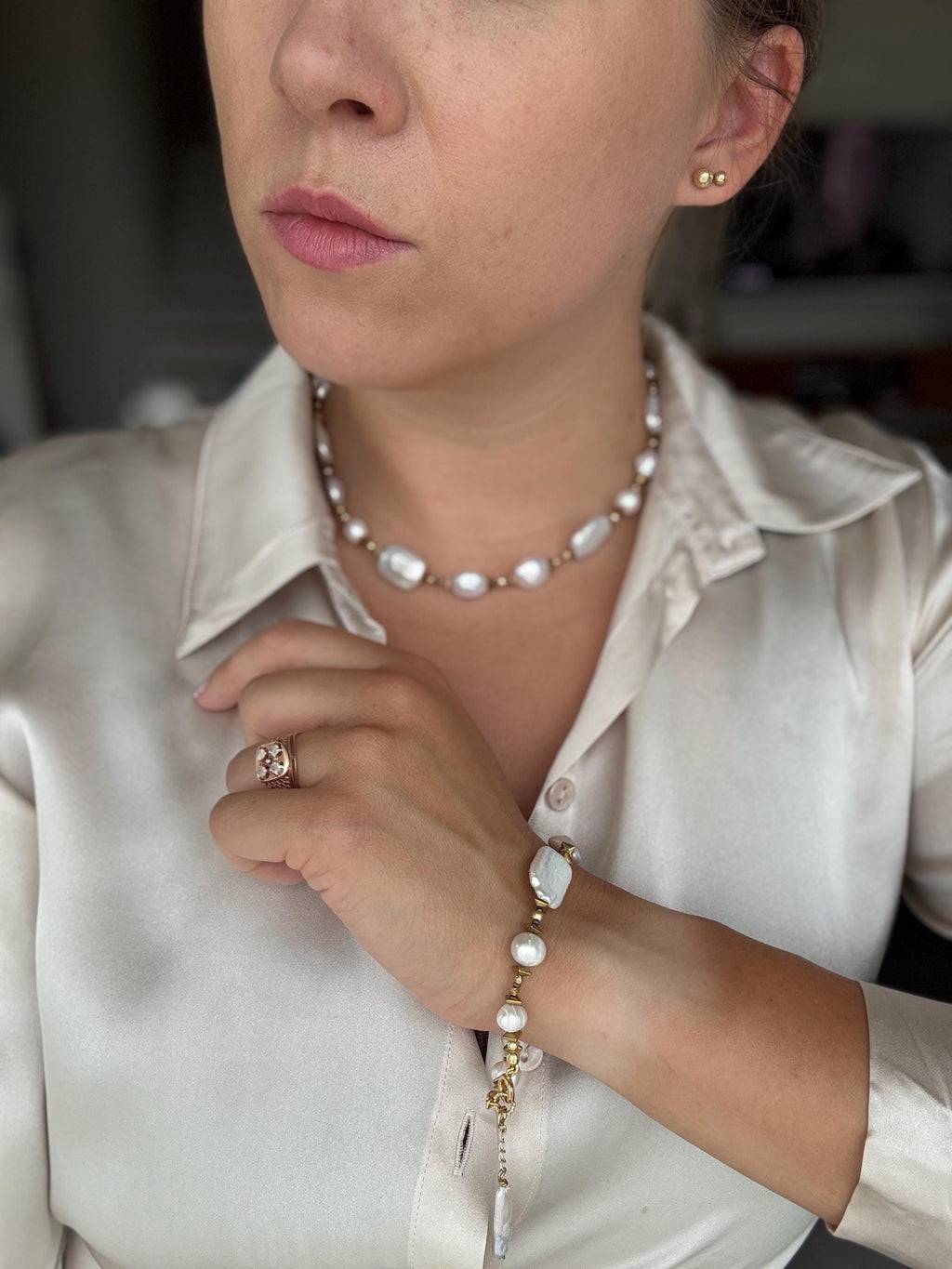 White Baroque Pearl Bracelet | Hematite Bracelet | Gold Filled Clasp | Handmade Pearl Jewelry