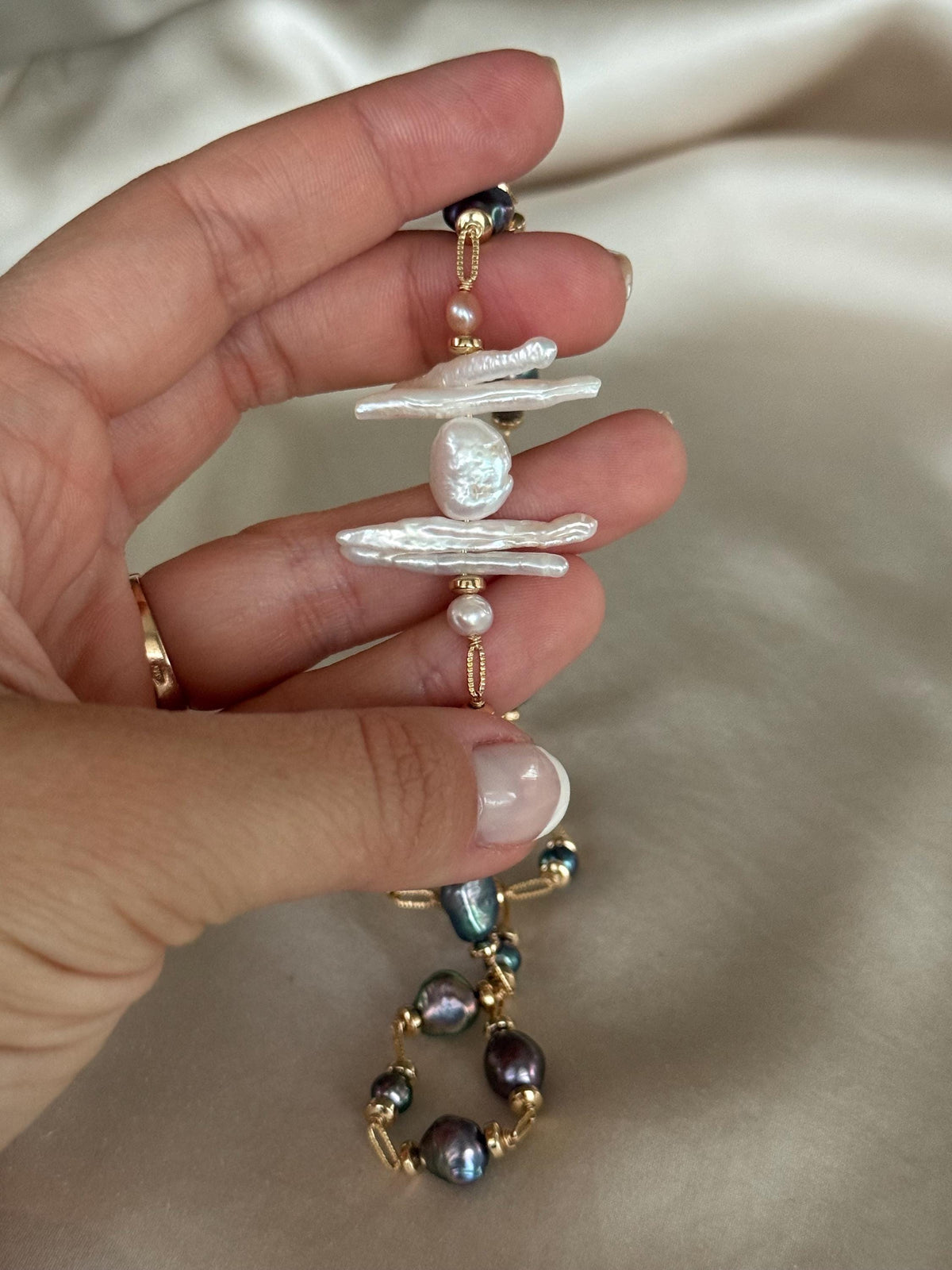 Natural Pearl & Hematite Necklace | Multicolor Pearl Necklace | Gold Filled Clasp | Handmade Jewelry | 44 cm