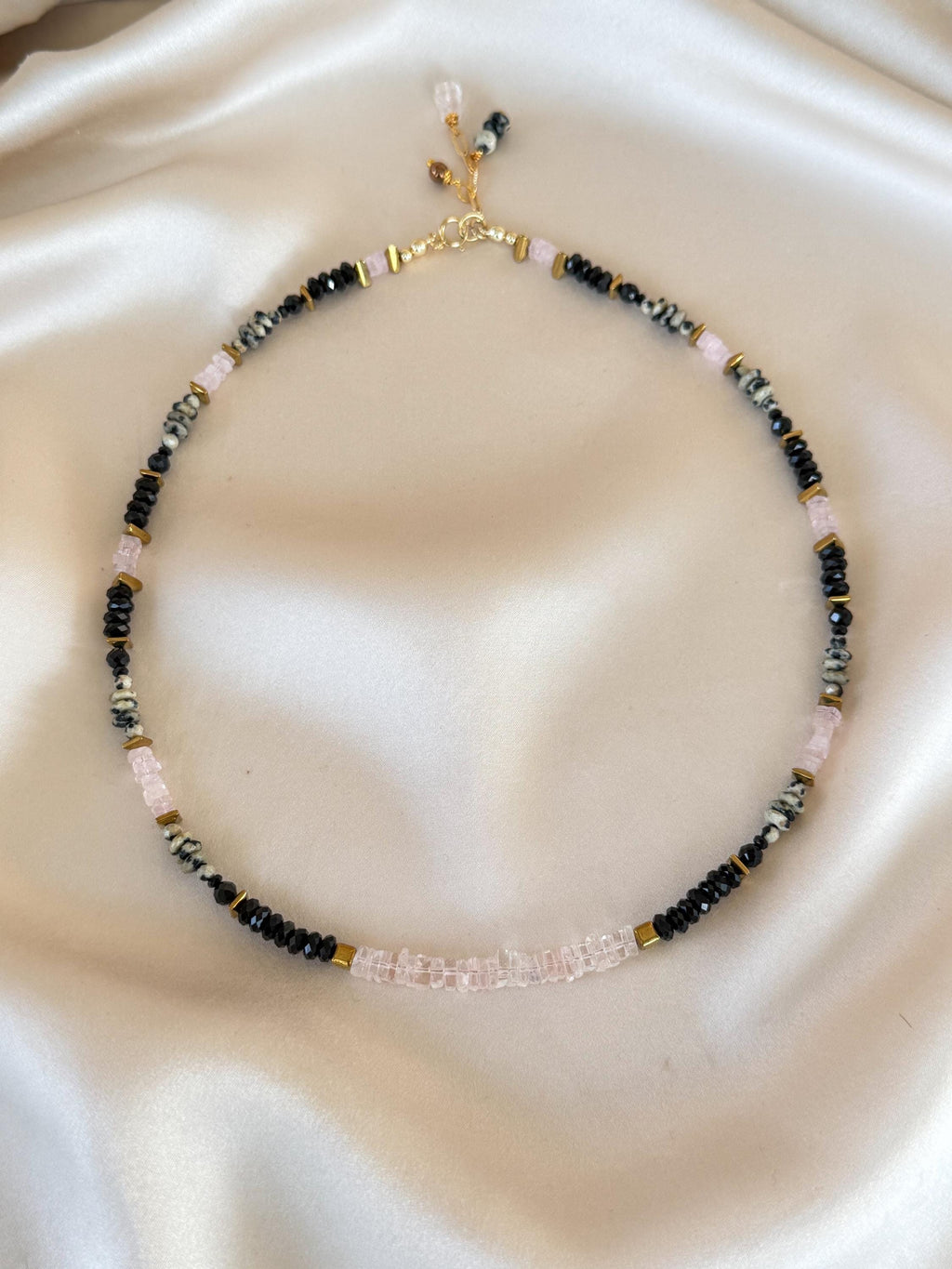 Morganite, Black Tourmaline & Dalmatian Jasper Necklace | Natural Gemstone Necklace | Gold Filled Clasp | Handmade Jewelry | 44 cm