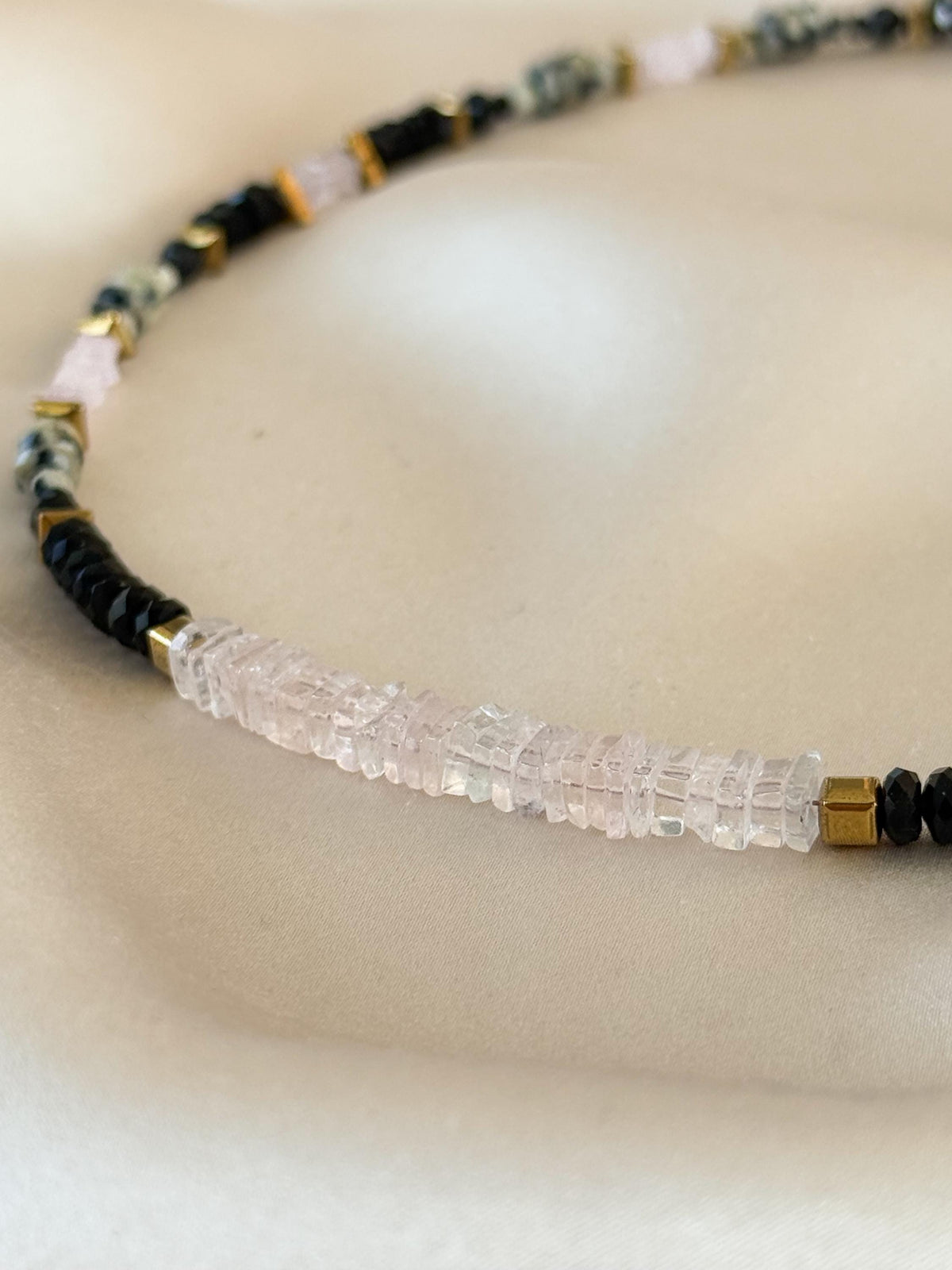 Morganite, Black Tourmaline & Dalmatian Jasper Necklace | Natural Gemstone Necklace | Gold Filled Clasp | Handmade Jewelry | 44 cm