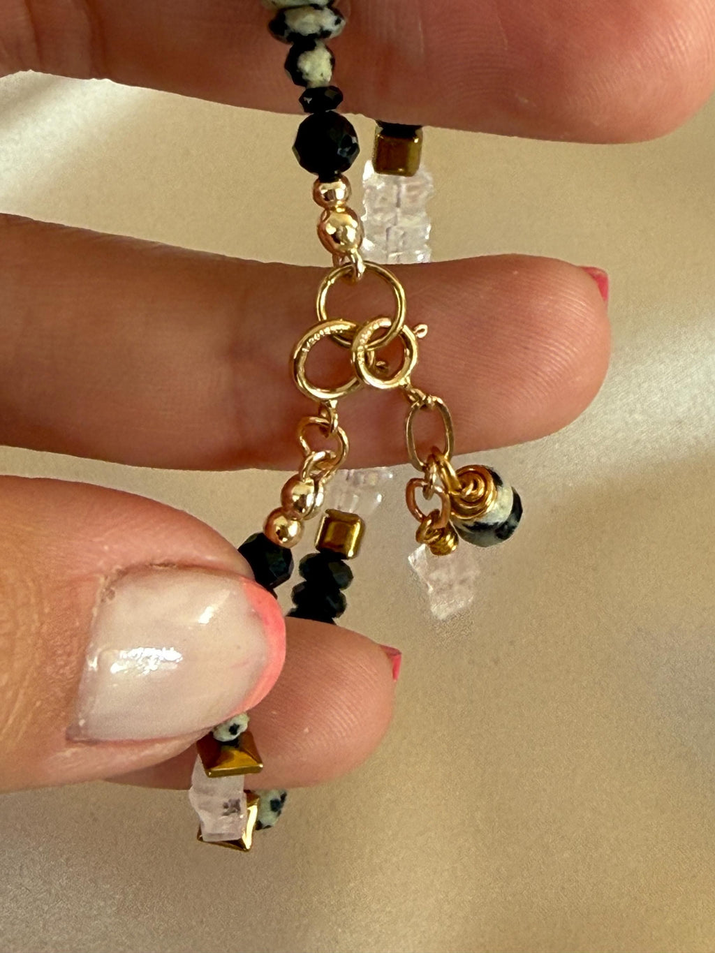 Morganite, Black Tourmaline, Dalmatian Jasper & Hematite Bracelet | Natural Gemstone Bracelet | Gold Filled Clasp | 18 cm