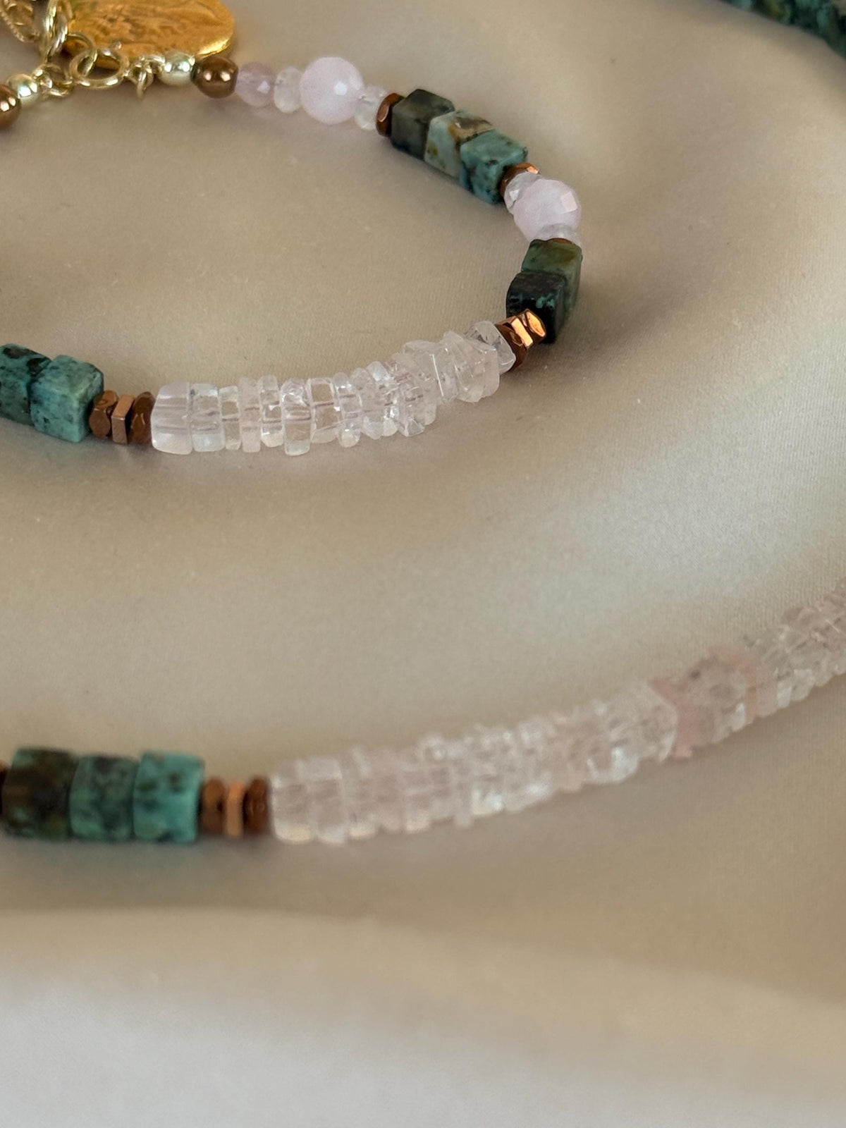 Morganite, Rose Quartz & African Turquoise Necklace | Natural Gemstone Necklace | Gold Filled Clasp | Handmade Jewelry | 45 cm