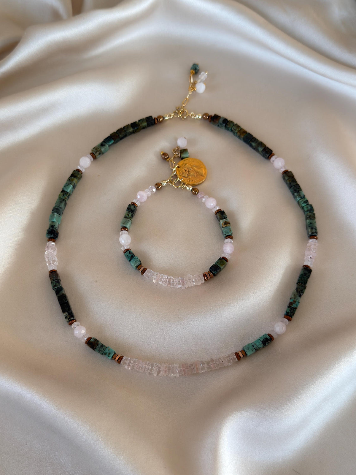 Morganite, Rose Quartz & African Turquoise Necklace | Natural Gemstone Necklace | Gold Filled Clasp | Handmade Jewelry | 45 cm