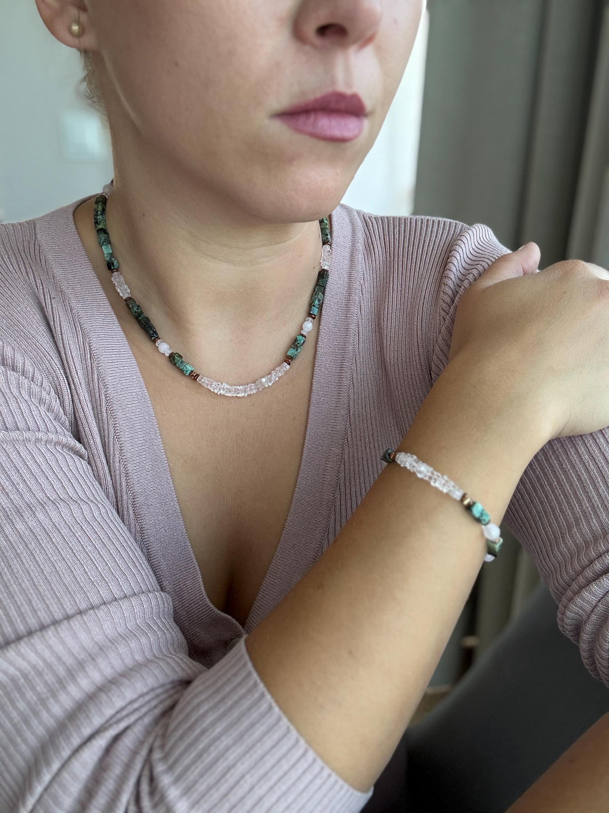 Morganite, Rose Quartz & African Turquoise Necklace | Natural Gemstone Necklace | Gold Filled Clasp | Handmade Jewelry | 45 cm