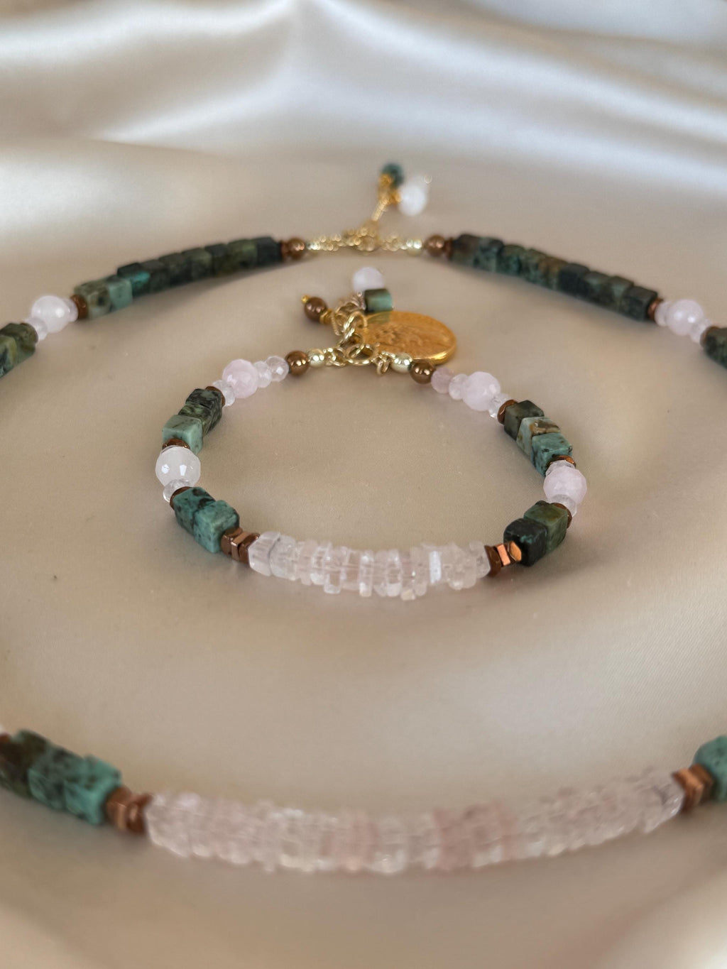 Morganite, Rose Quartz & African Turquoise Necklace | Natural Gemstone Necklace | Gold Filled Clasp | Handmade Jewelry | 45 cm