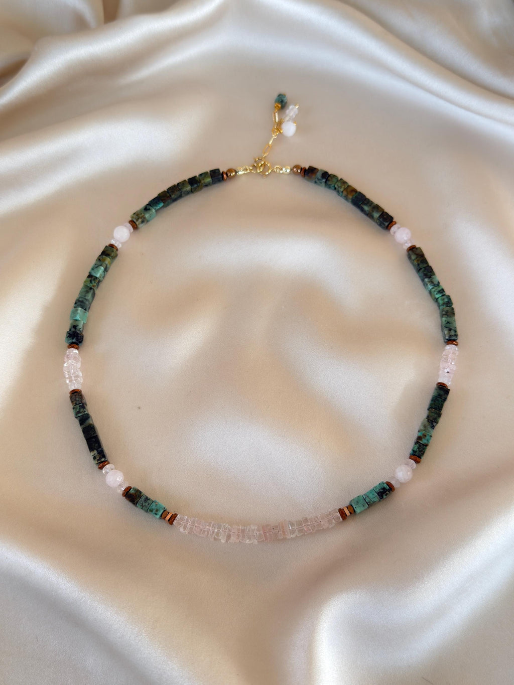 Morganite, Rose Quartz & African Turquoise Necklace | Natural Gemstone Necklace | Gold Filled Clasp | Handmade Jewelry | 45 cm