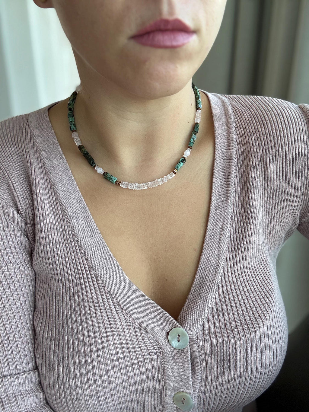 Morganite, Rose Quartz & African Turquoise Necklace | Natural Gemstone Necklace | Gold Filled Clasp | Handmade Jewelry | 45 cm