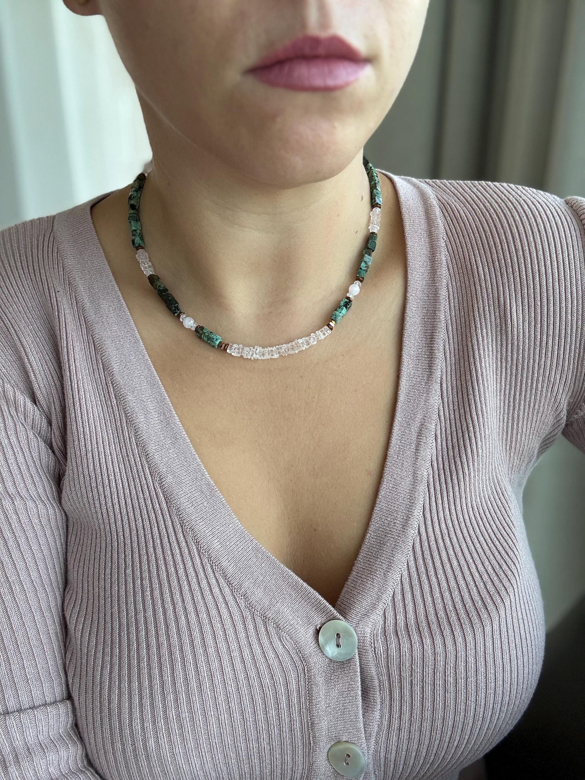 Morganite, Rose Quartz & African Turquoise Necklace | Natural Gemstone Necklace | Gold Filled Clasp | Handmade Jewelry | 45 cm