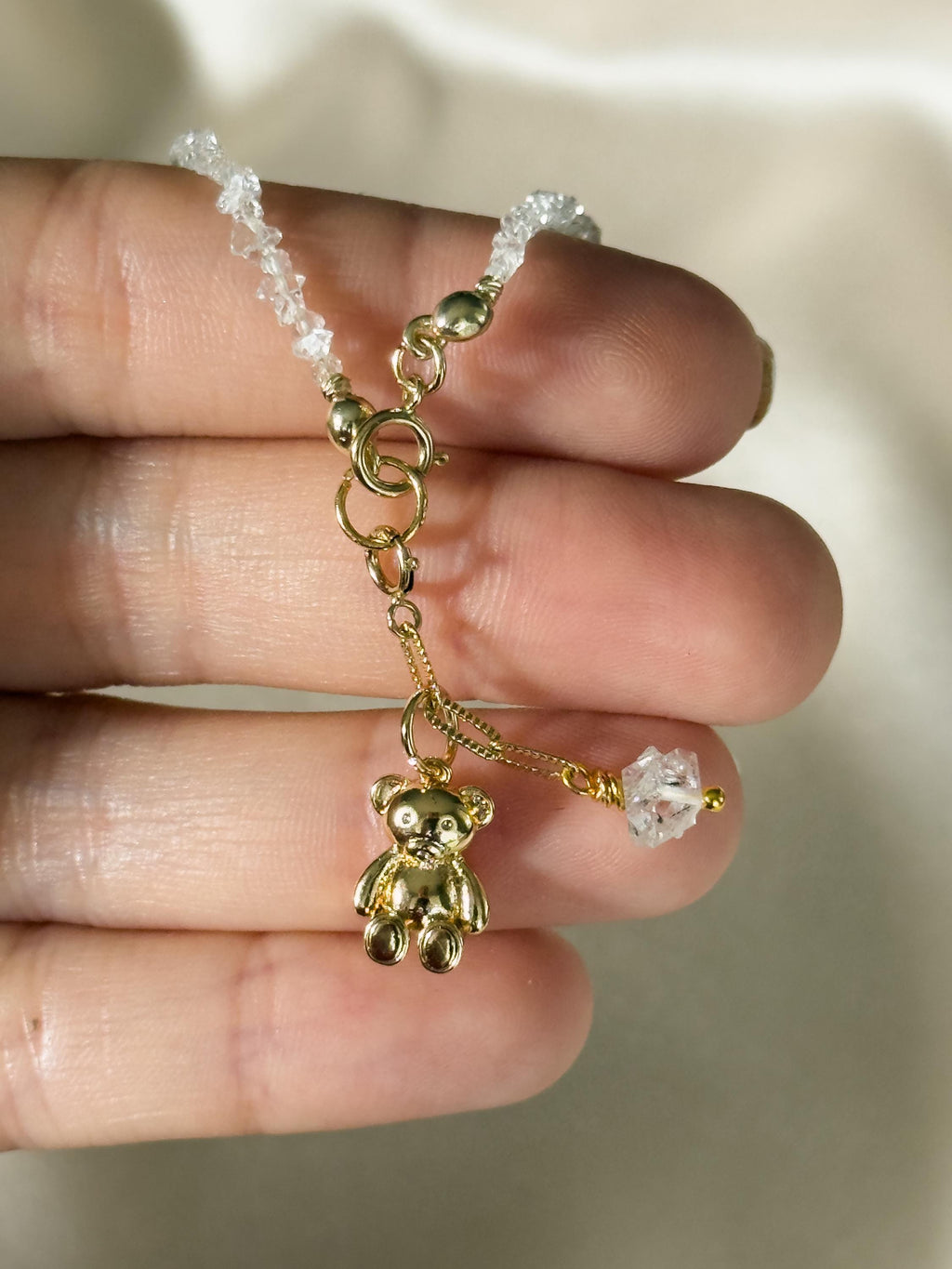 Herkimer Diamond Bracelet | Natural Herkimer Quartz | Gold Filled | Teddy Bear Charm | Handmade Minimalist Bracelet | Stone Orchard
