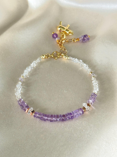 Amethyst & Herkimer Diamond Bracelet | Natural Amethyst and Herkimer Quartz | Gold Filled Elephant Charm | Handmade Gemstone Bracelet