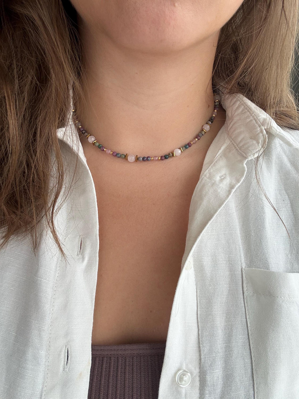 Ruby in Fuchsite & Rose Quartz Necklace, Gold Filled Clasp