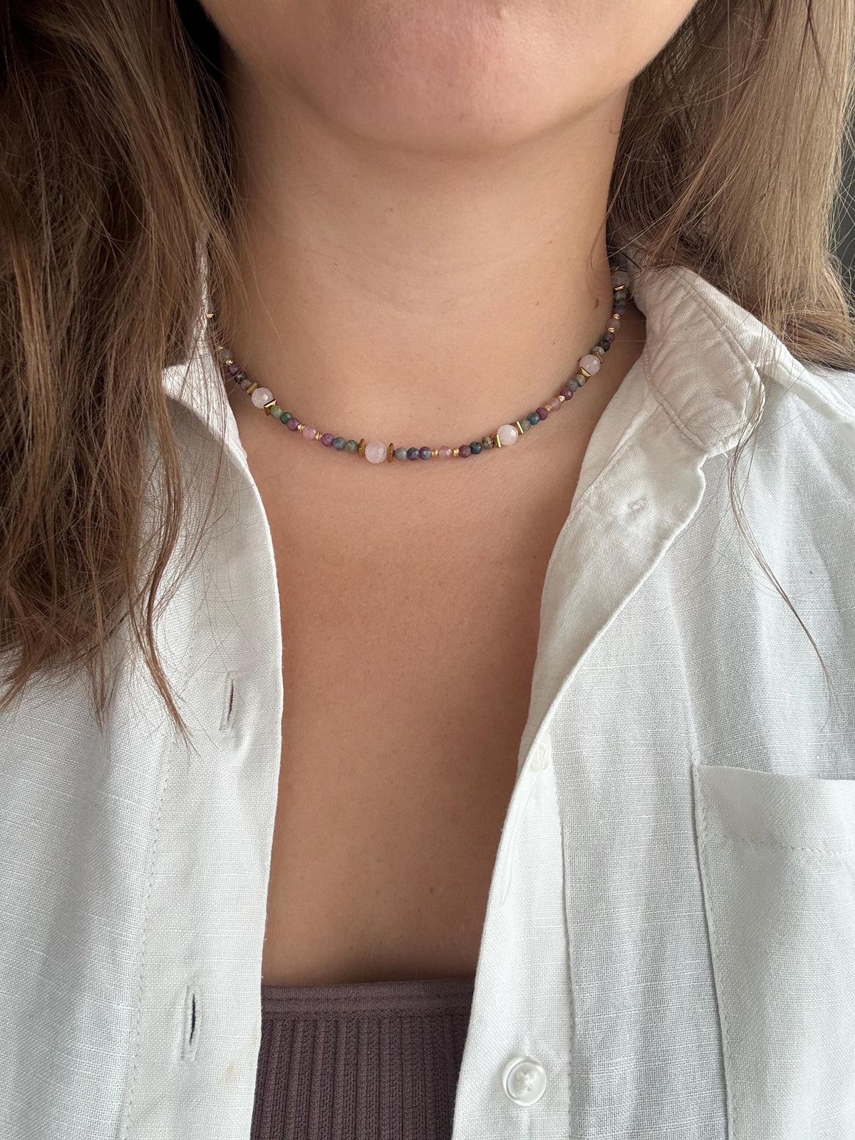 Ruby in Fuchsite & Rose Quartz Necklace, Gold Filled Clasp