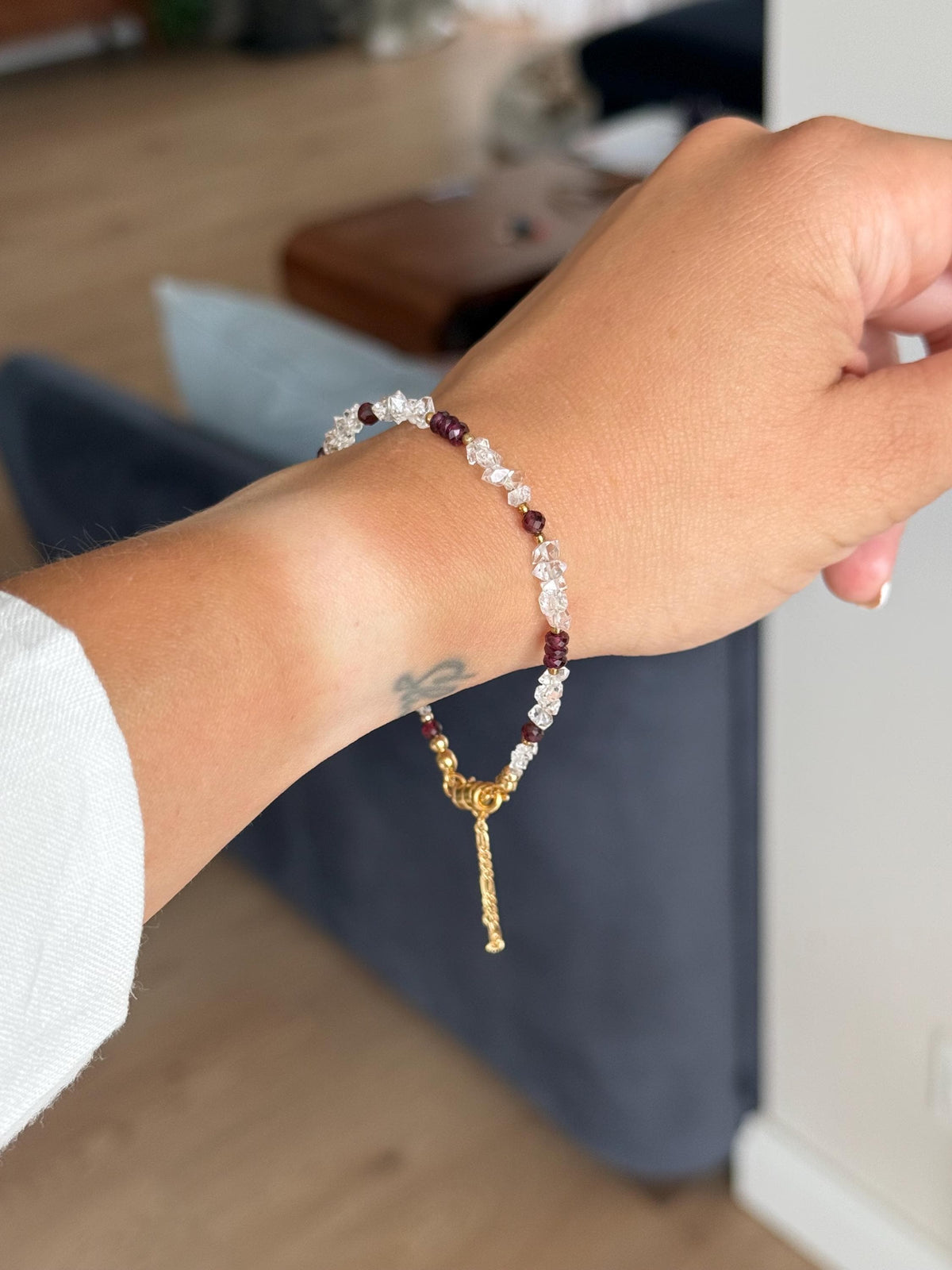 Herkimer Diamond & Garnet Bracelet | Natural Gemstone Bracelet | Gold Filled Clasp | Handmade Minimalist Jewelry | January Birthstone Gift