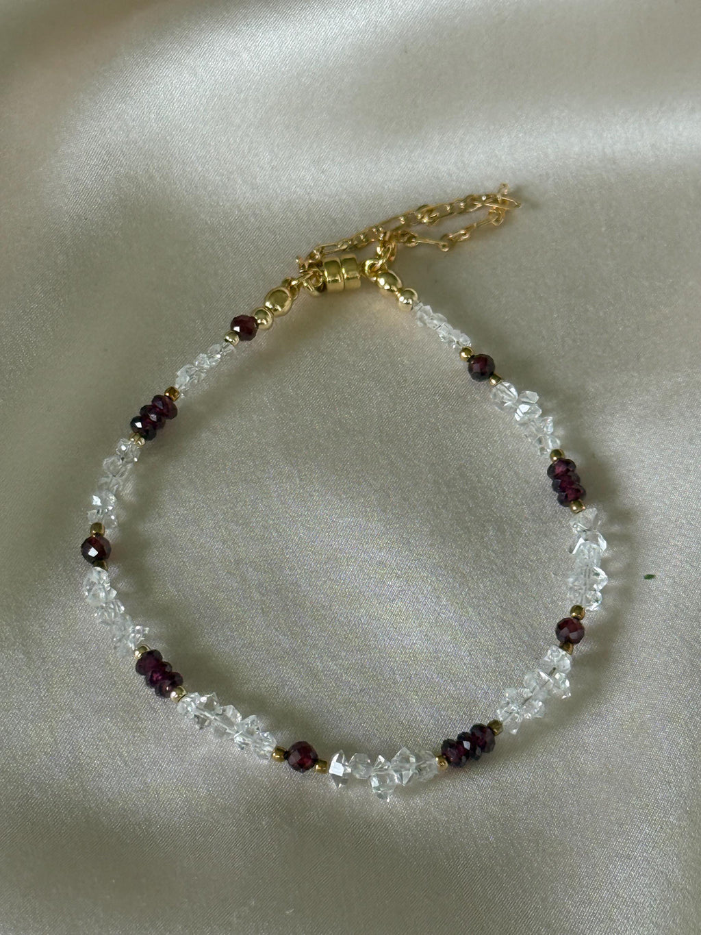Herkimer Diamond & Garnet Bracelet | Natural Gemstone Bracelet | Gold Filled Clasp | Handmade Minimalist Jewelry | January Birthstone Gift