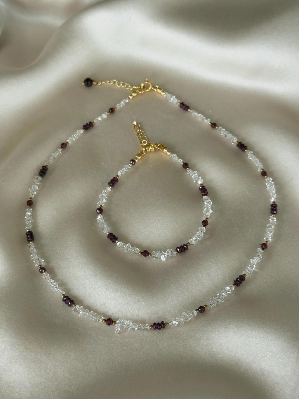 Herkimer Diamond & Garnet Bracelet | Natural Gemstone Bracelet | Gold Filled Clasp | Handmade Minimalist Jewelry | January Birthstone Gift