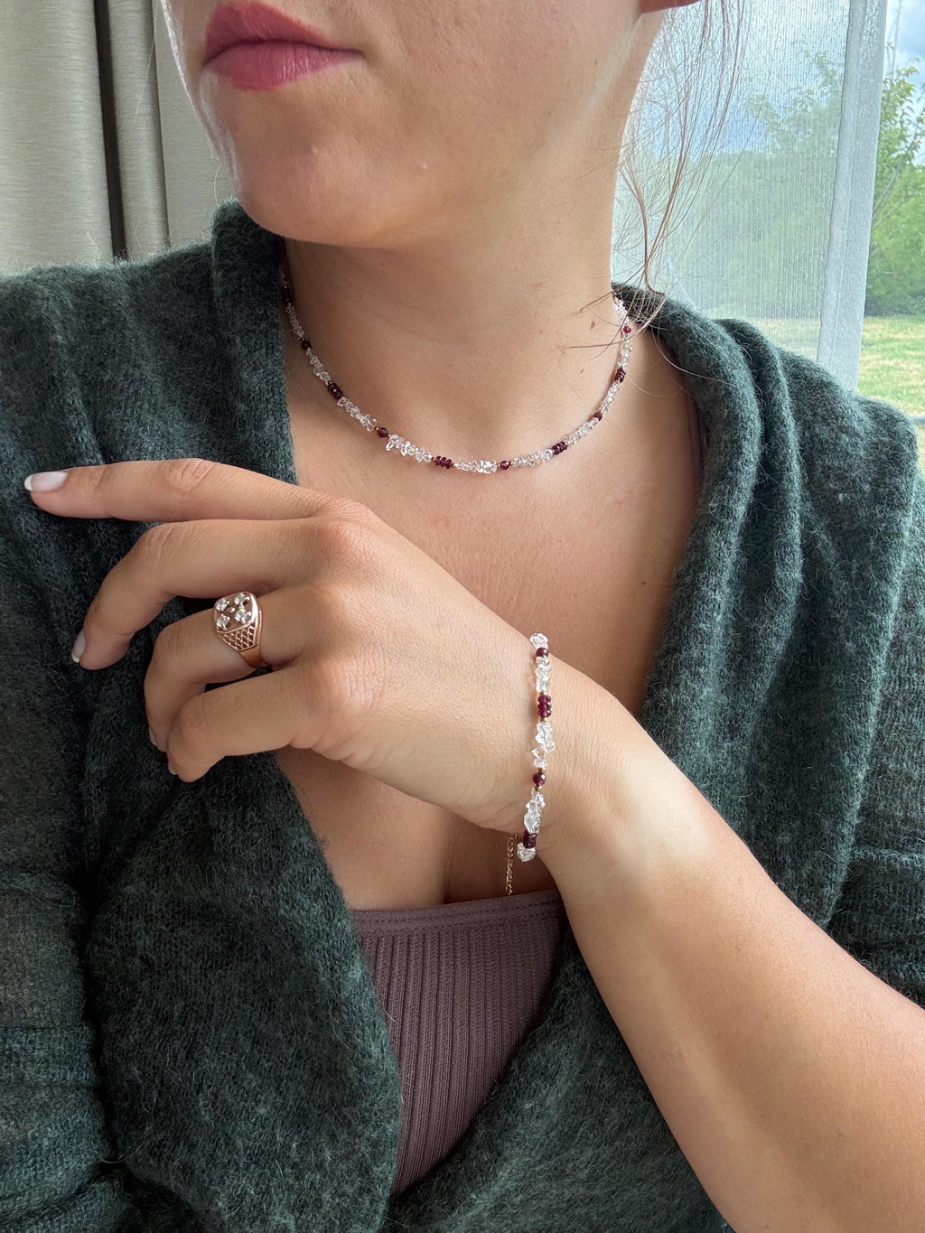 Herkimer Diamond & Garnet Bracelet | Natural Gemstone Bracelet | Gold Filled Clasp | Handmade Minimalist Jewelry | January Birthstone Gift