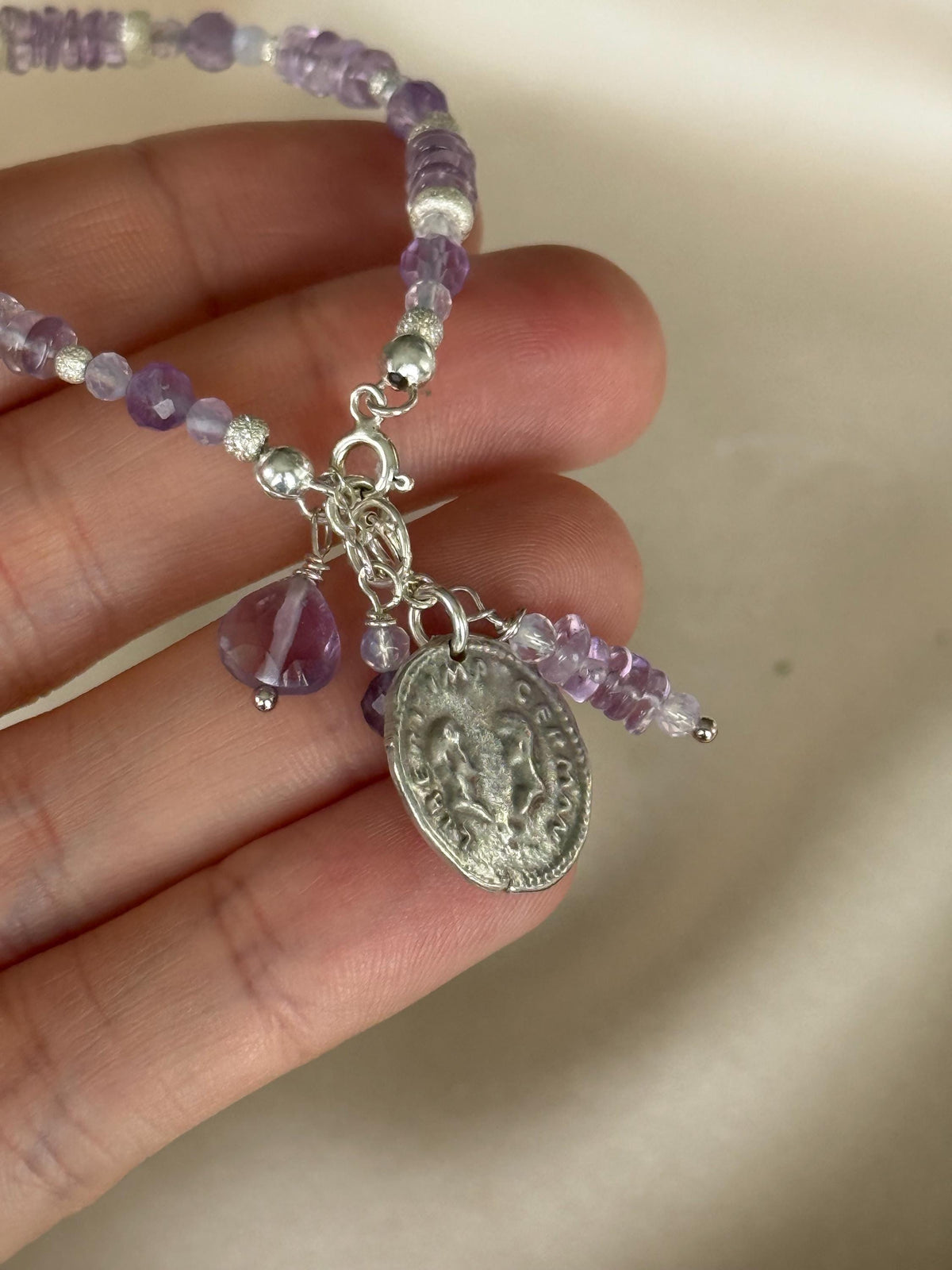 Natural Amethyst Bracelet | Sterling Silver 925 | Handmade Gemstone Bracelet | Coin Charm Bracelet | Minimalist Jewelry | Gift for Her
