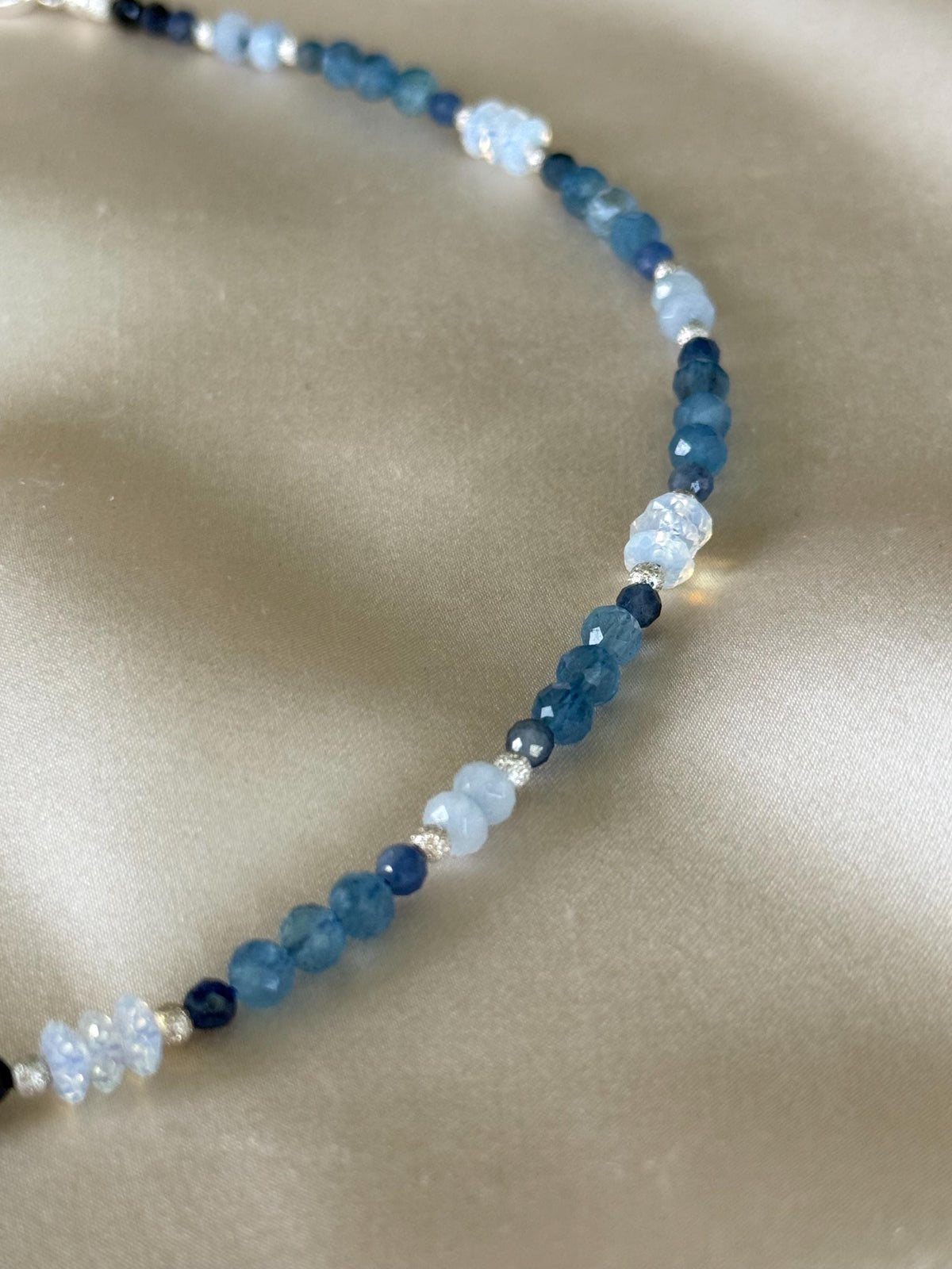 Aquamarine & Opalite Necklace | Handmade Beaded Necklace | Silver Clasp | Blue Gemstone Jewelry | 43 cm