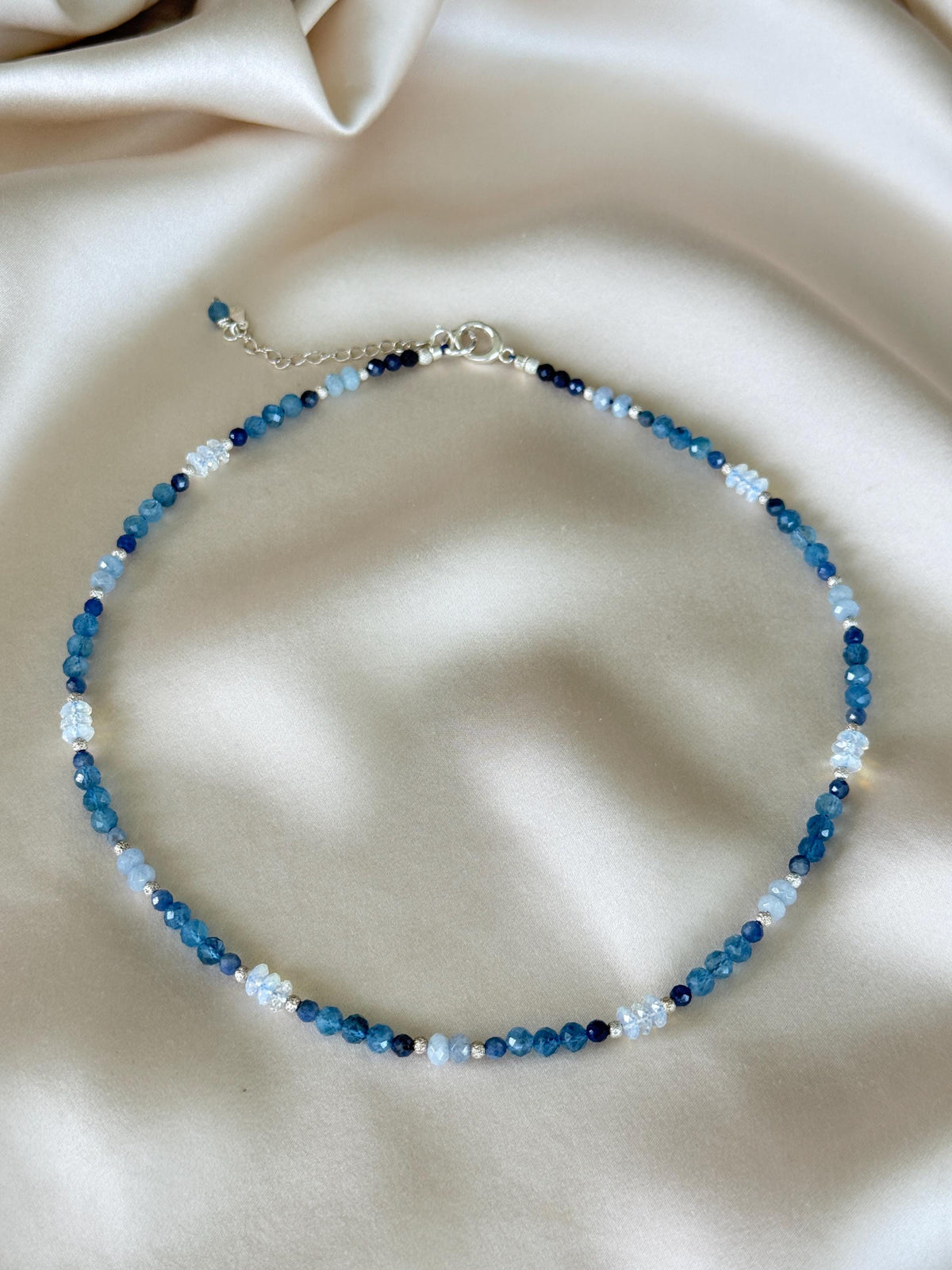 Aquamarine & Opalite Necklace | Handmade Beaded Necklace | Silver Clasp | Blue Gemstone Jewelry | 43 cm