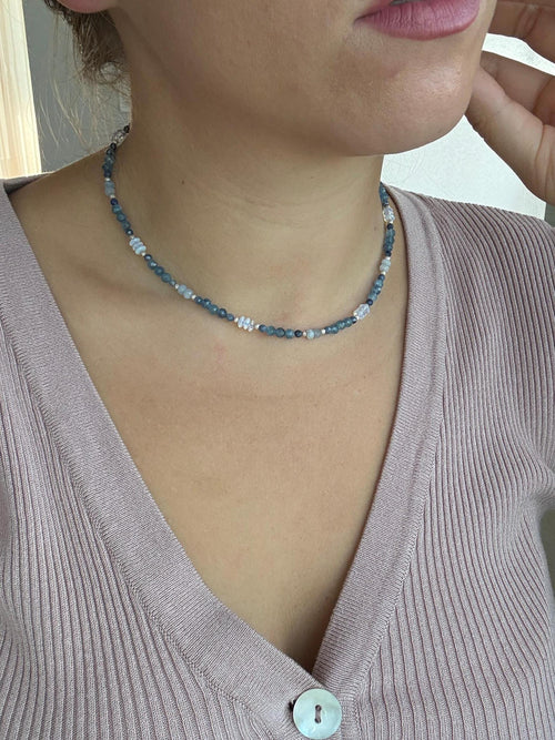 Aquamarine & Opalite Necklace | Handmade Beaded Necklace | Silver Clasp | Blue Gemstone Jewelry | 43 cm