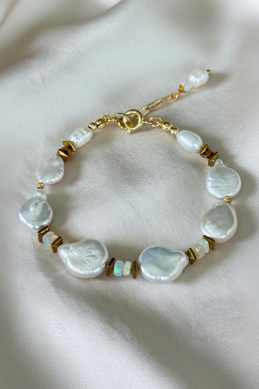 White Baroque Pearl Bracelet | Ethiopian Opal Bracelet | Natural Gemstone Jewelry | Gold Filled Clasp | 18 cm
