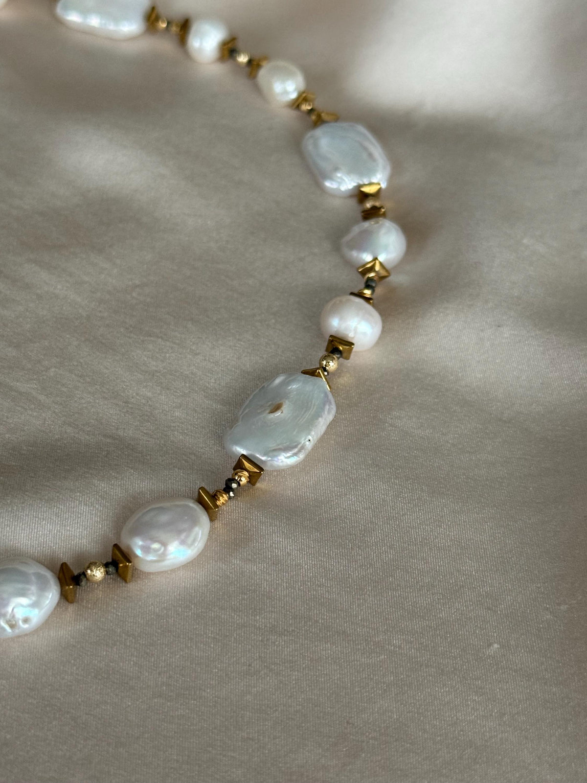 White Baroque Pearl & Pyrite Necklace | Handmade Pearl Necklace | Gold Filled Clasp | Natural Gemstone Jewelry