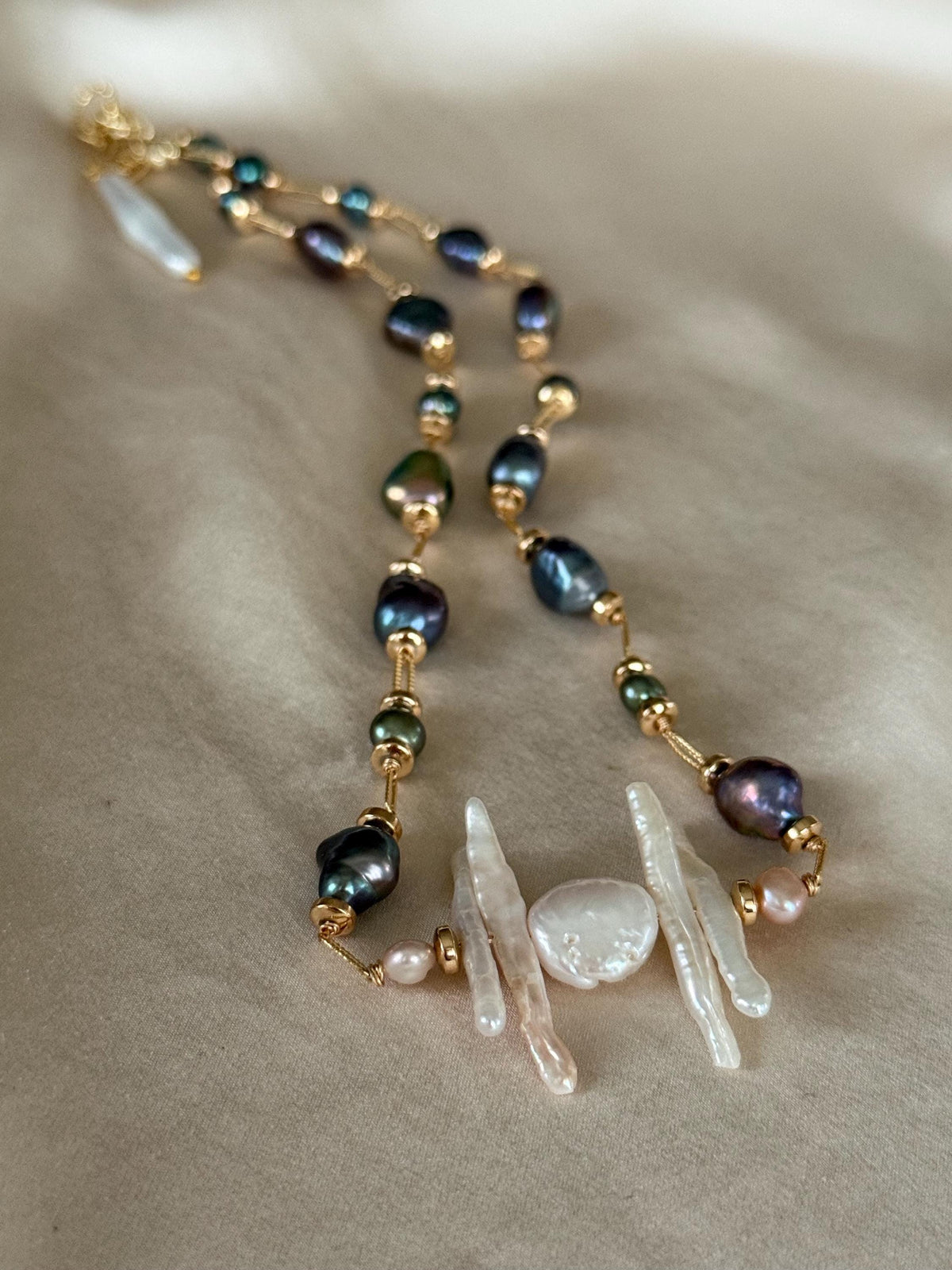 Natural Pearl & Hematite Necklace | Multicolor Pearl Necklace | Gold Filled Clasp | Handmade Jewelry | 44 cm