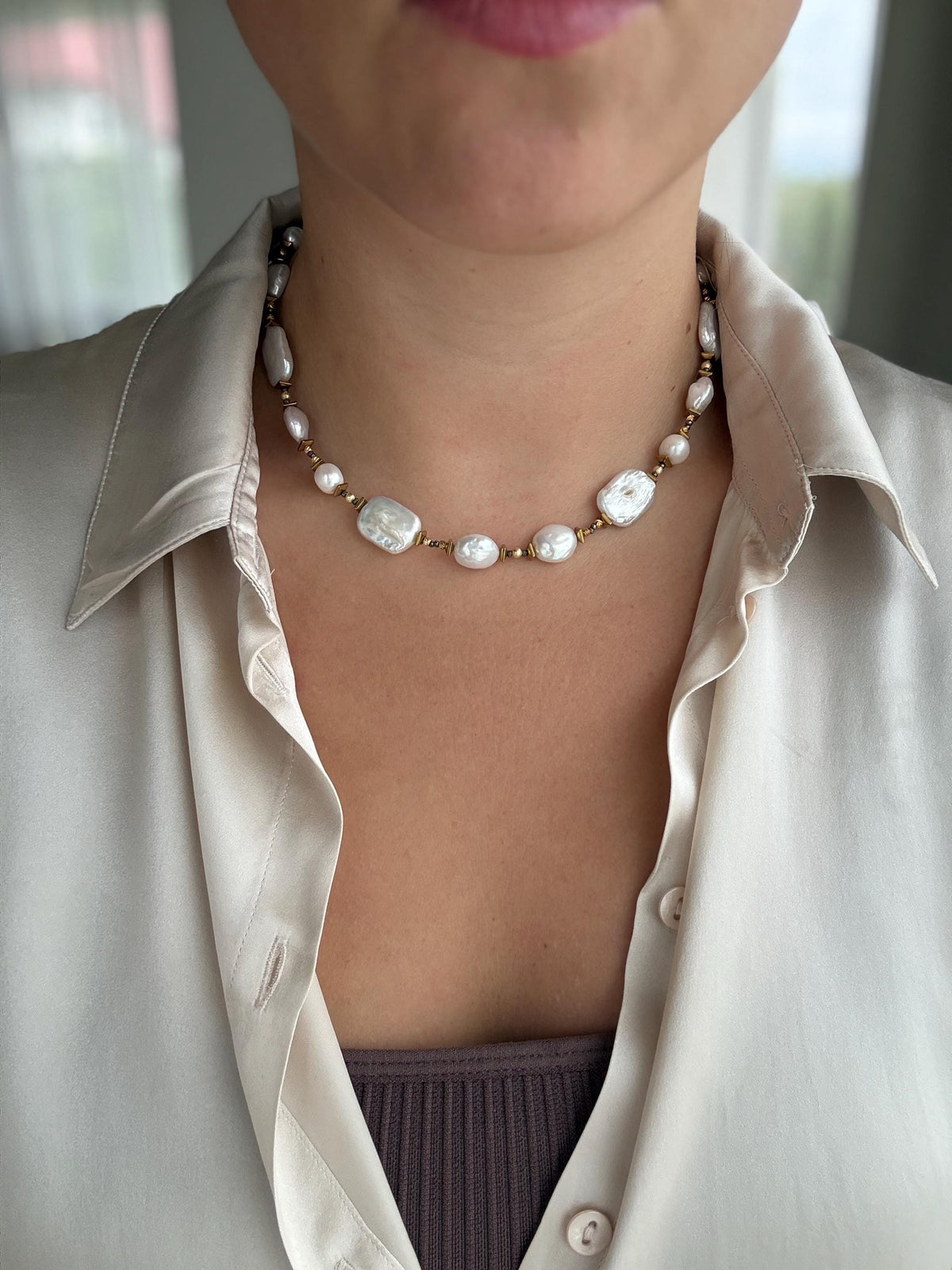 White Baroque Pearl & Pyrite Necklace | Handmade Pearl Necklace | Gold Filled Clasp | Natural Gemstone Jewelry