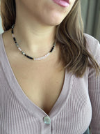 Morganite, Black Tourmaline & Dalmatian Jasper Necklace | Natural Gemstone Necklace | Gold Filled Clasp | Handmade Jewelry | 44 cm