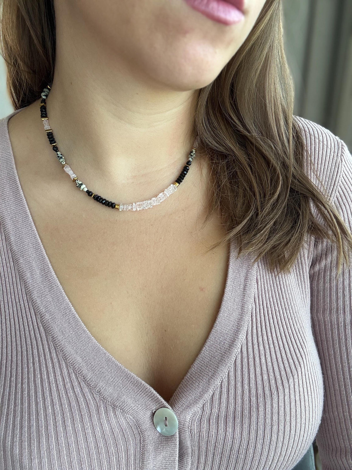 Morganite, Black Tourmaline & Dalmatian Jasper Necklace | Natural Gemstone Necklace | Gold Filled Clasp | Handmade Jewelry | 44 cm