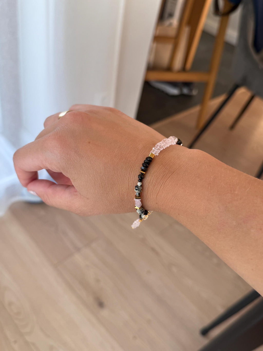 Morganite, Black Tourmaline, Dalmatian Jasper & Hematite Bracelet | Natural Gemstone Bracelet | Gold Filled Clasp | 18 cm
