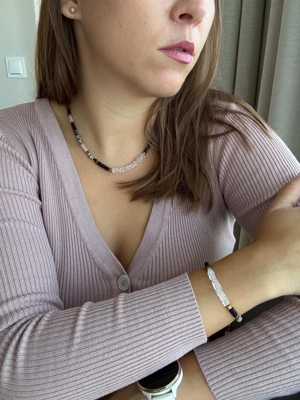 Morganite, Black Tourmaline, Dalmatian Jasper & Hematite Bracelet | Natural Gemstone Bracelet | Gold Filled Clasp | 18 cm