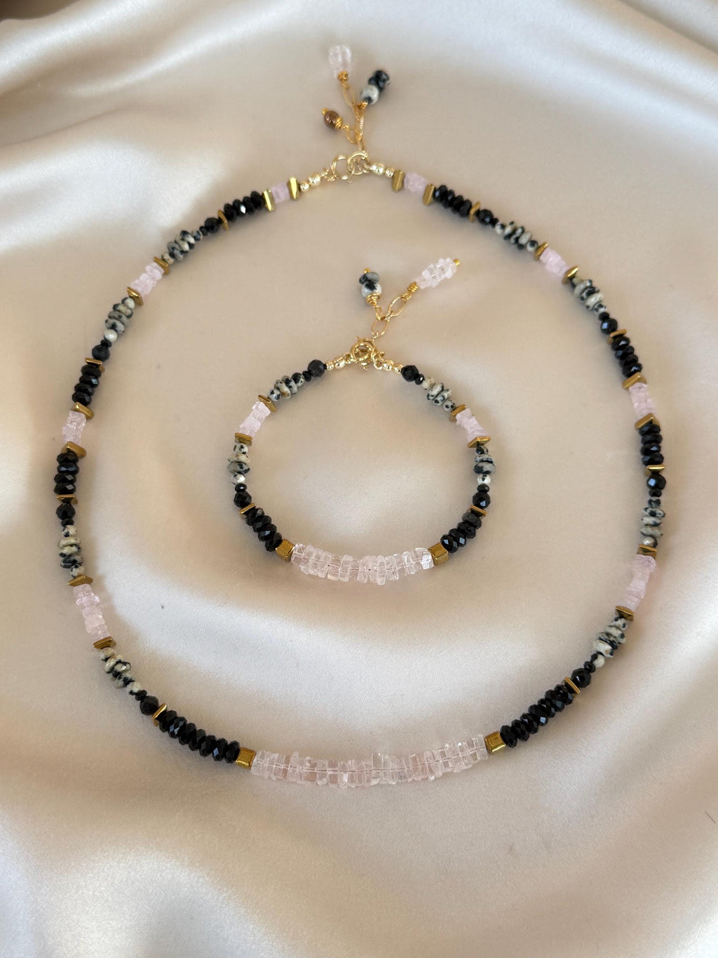 Morganite, Black Tourmaline, Dalmatian Jasper & Hematite Bracelet | Natural Gemstone Bracelet | Gold Filled Clasp | 18 cm